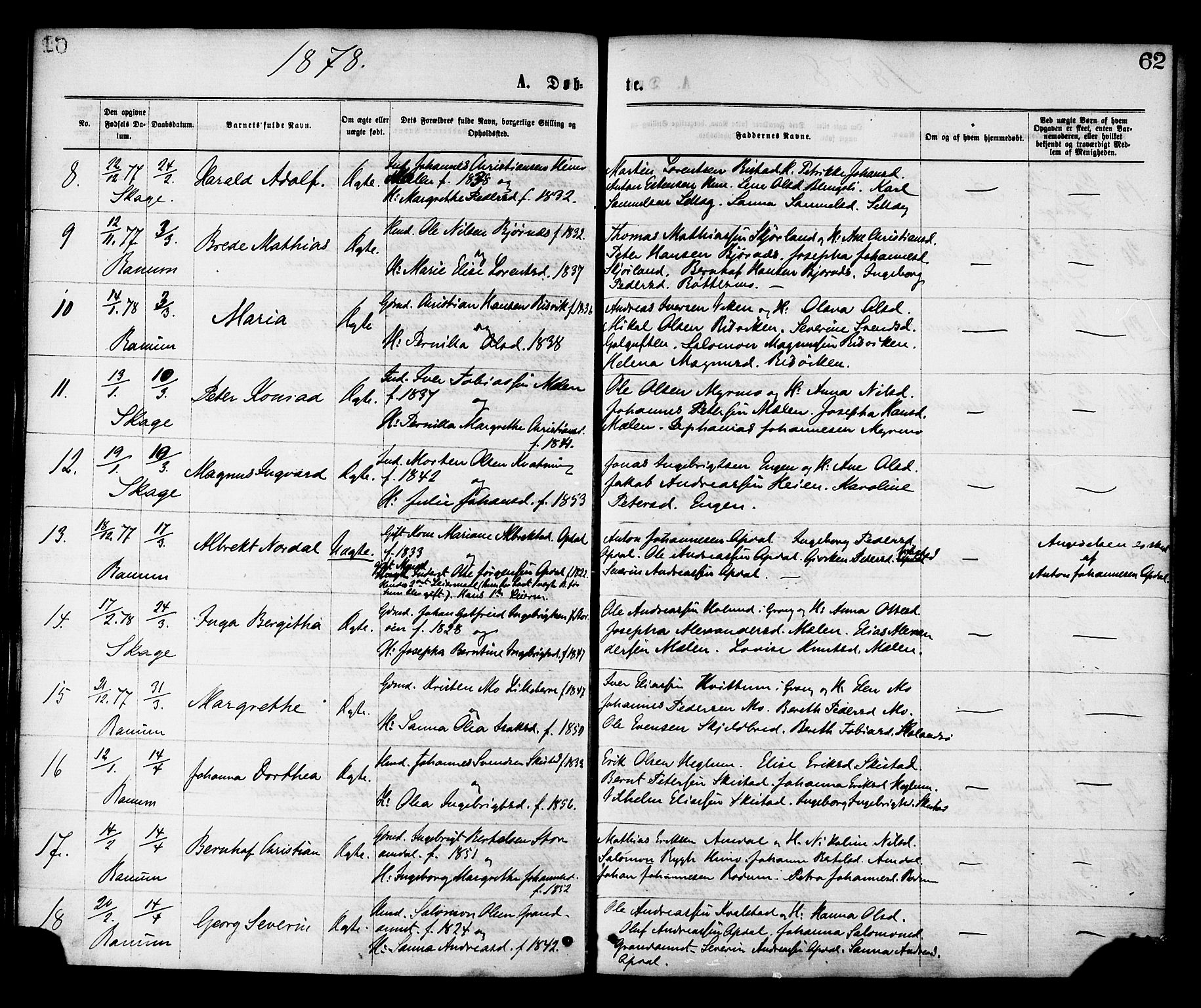 Ministerialprotokoller, klokkerbøker og fødselsregistre - Nord-Trøndelag, SAT/A-1458/764/L0554: Parish register (official) no. 764A09, 1867-1880, p. 62