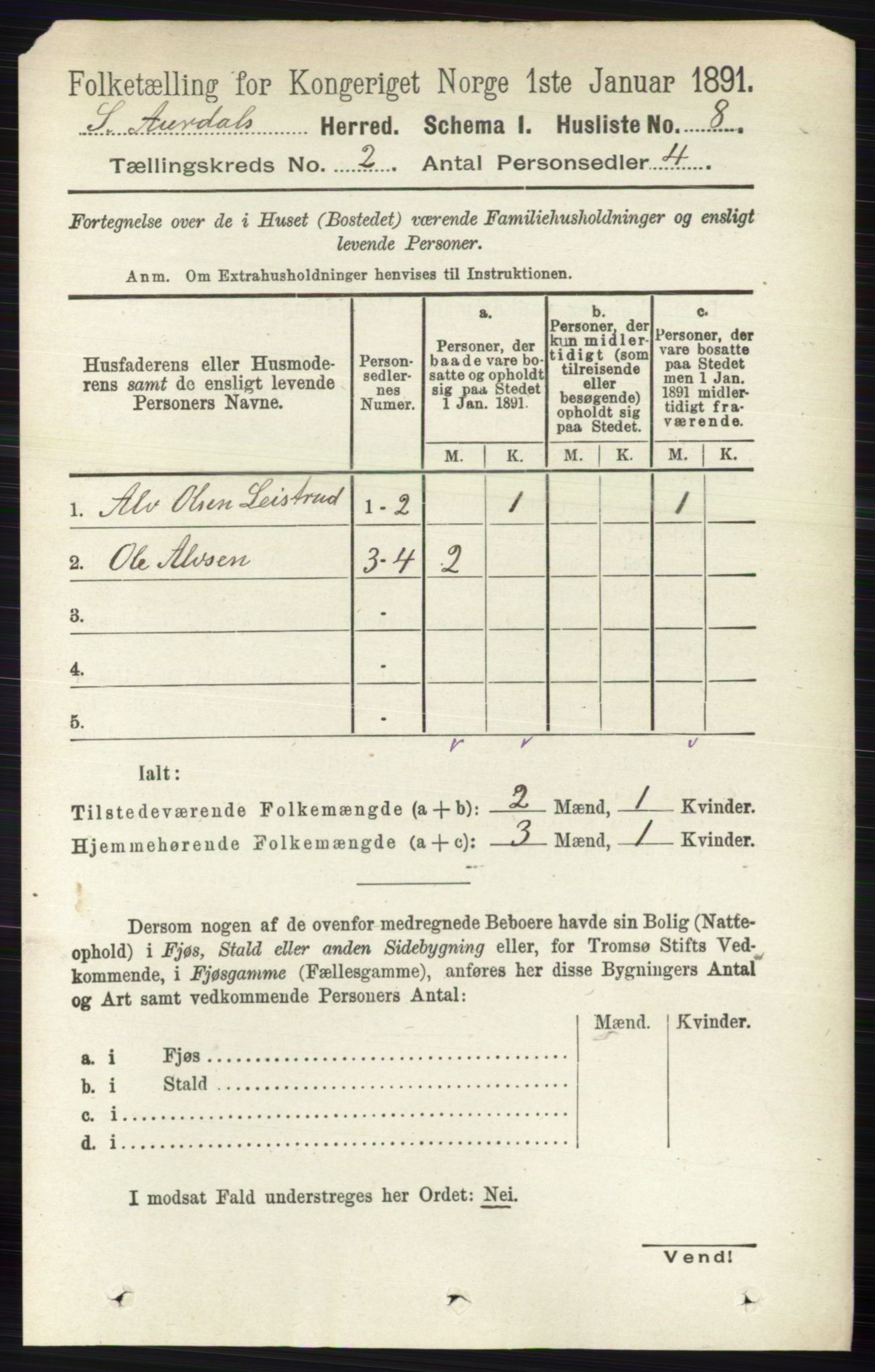 RA, 1891 census for 0540 Sør-Aurdal, 1891, p. 737