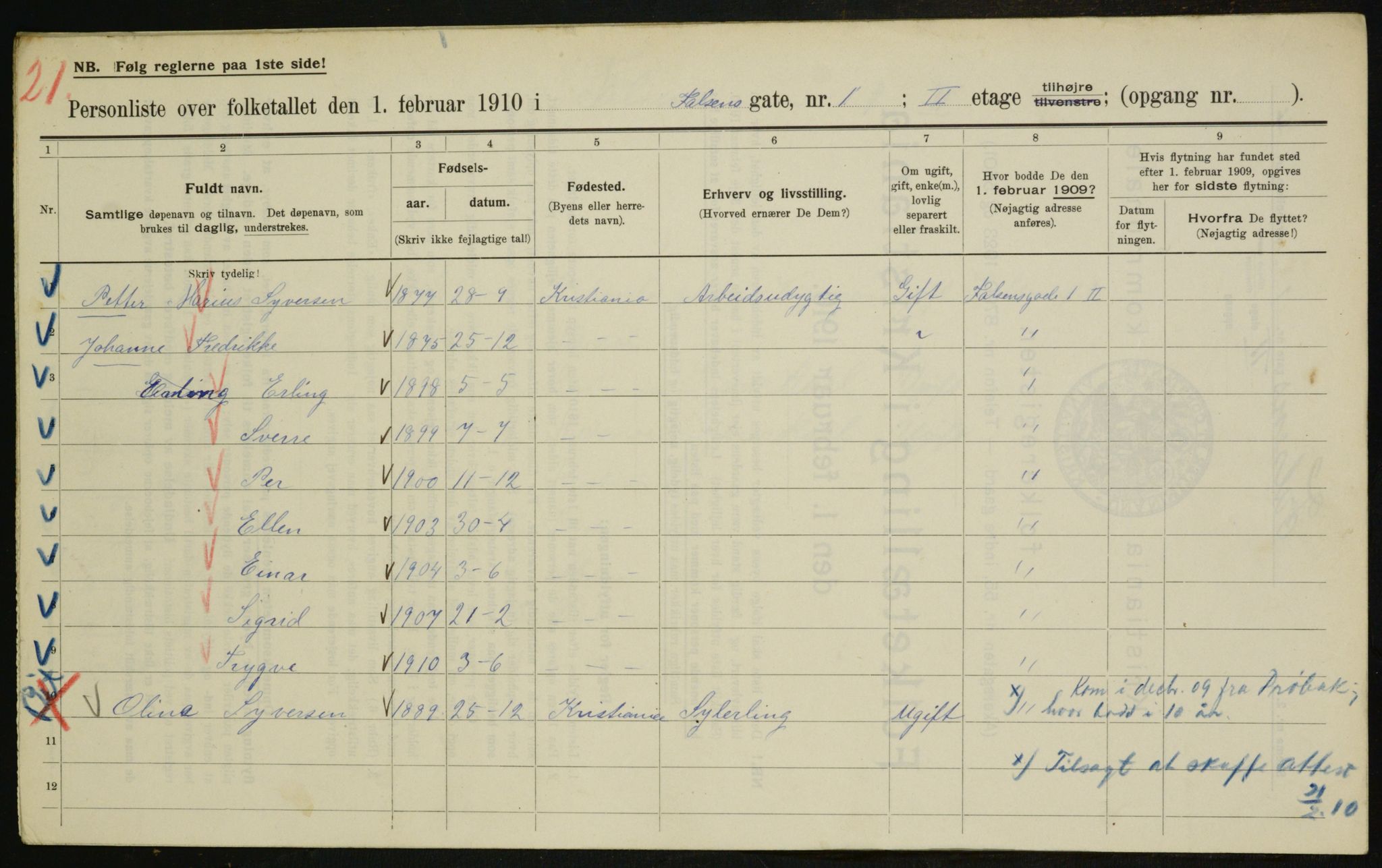 OBA, Municipal Census 1910 for Kristiania, 1910, p. 21867