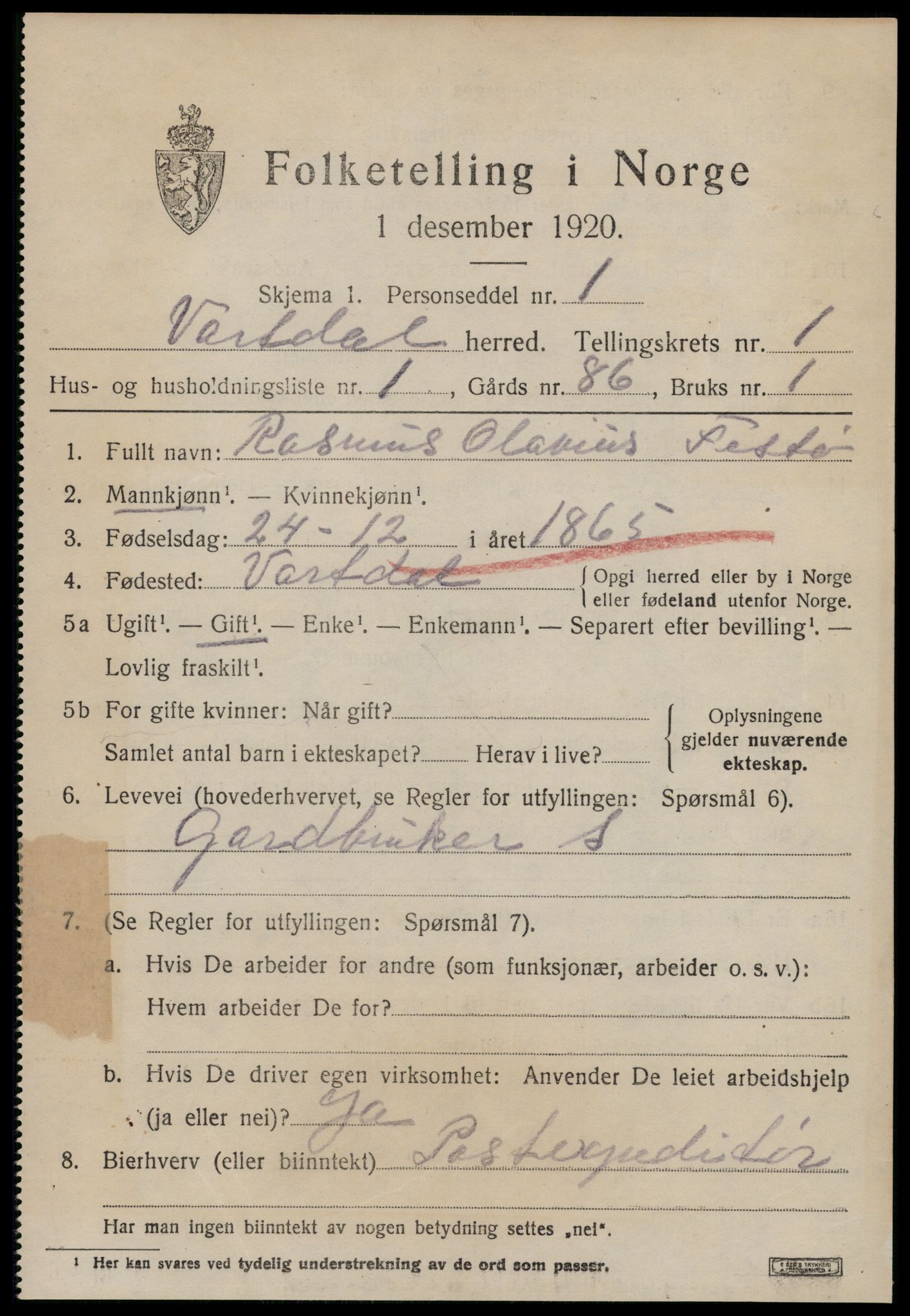 SAT, 1920 census for Vartdal, 1920, p. 273