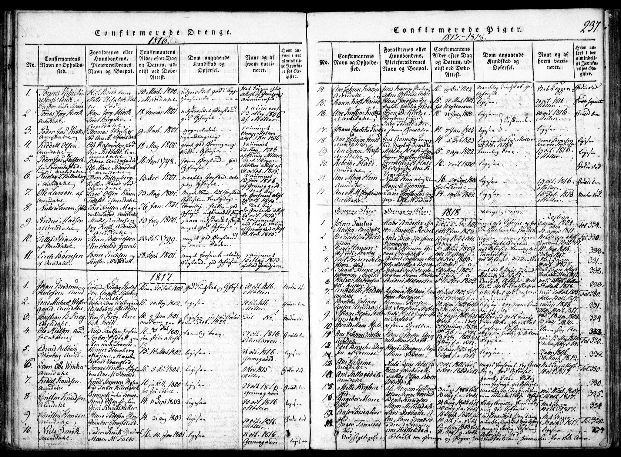 Arendal sokneprestkontor, Trefoldighet, SAK/1111-0040/F/Fa/L0004: Parish register (official) no. A 4, 1816-1839, p. 237