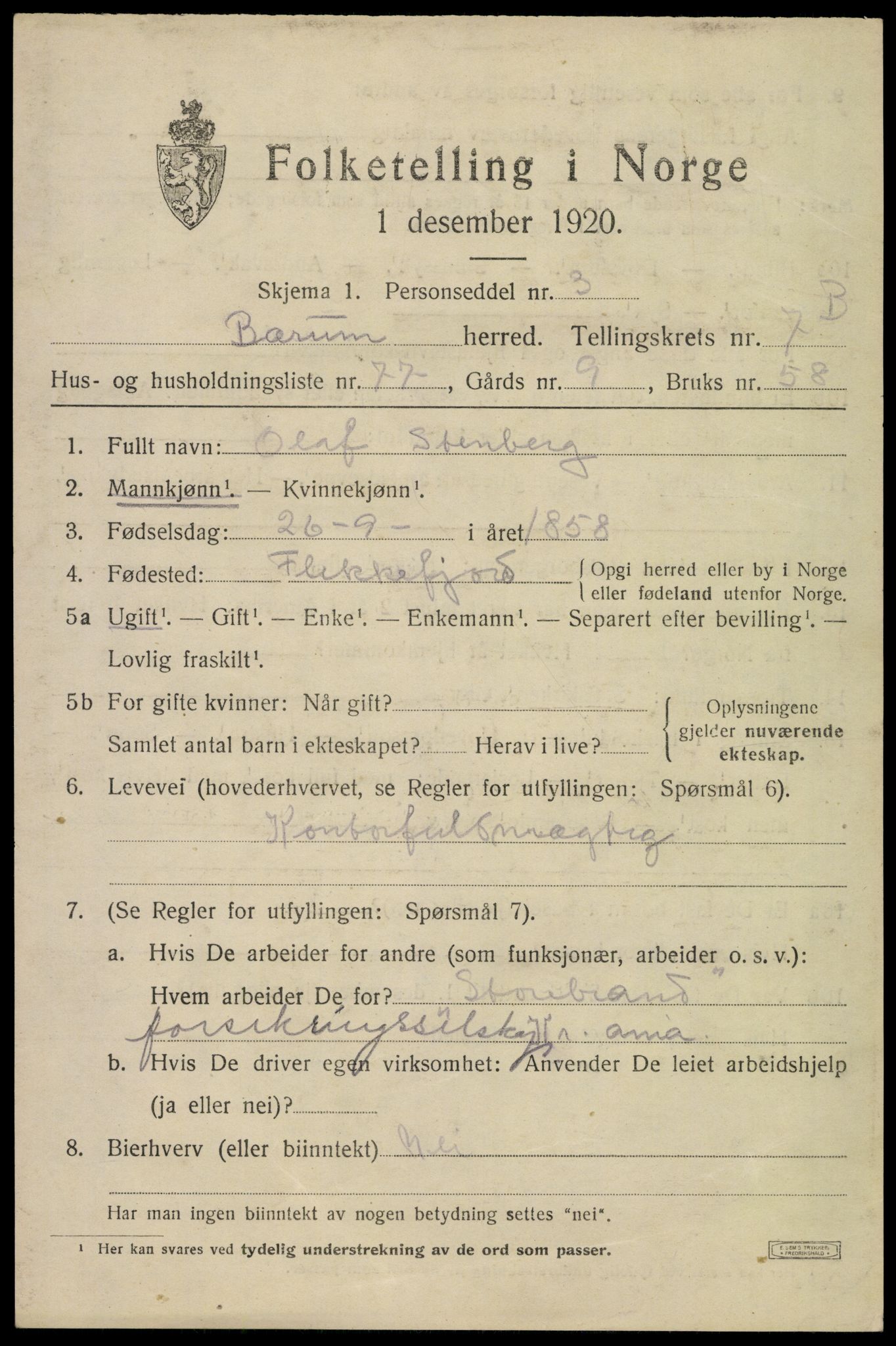 SAO, 1920 census for Bærum, 1920, p. 18194