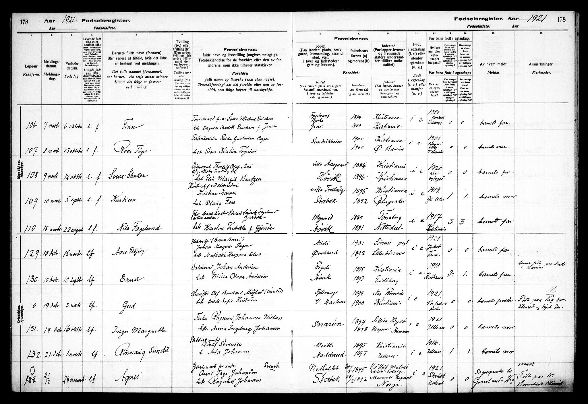 Østre Bærum prestekontor Kirkebøker, AV/SAO-A-10887/J/Ja/L0001: Birth register no. 1, 1916-1922, p. 178