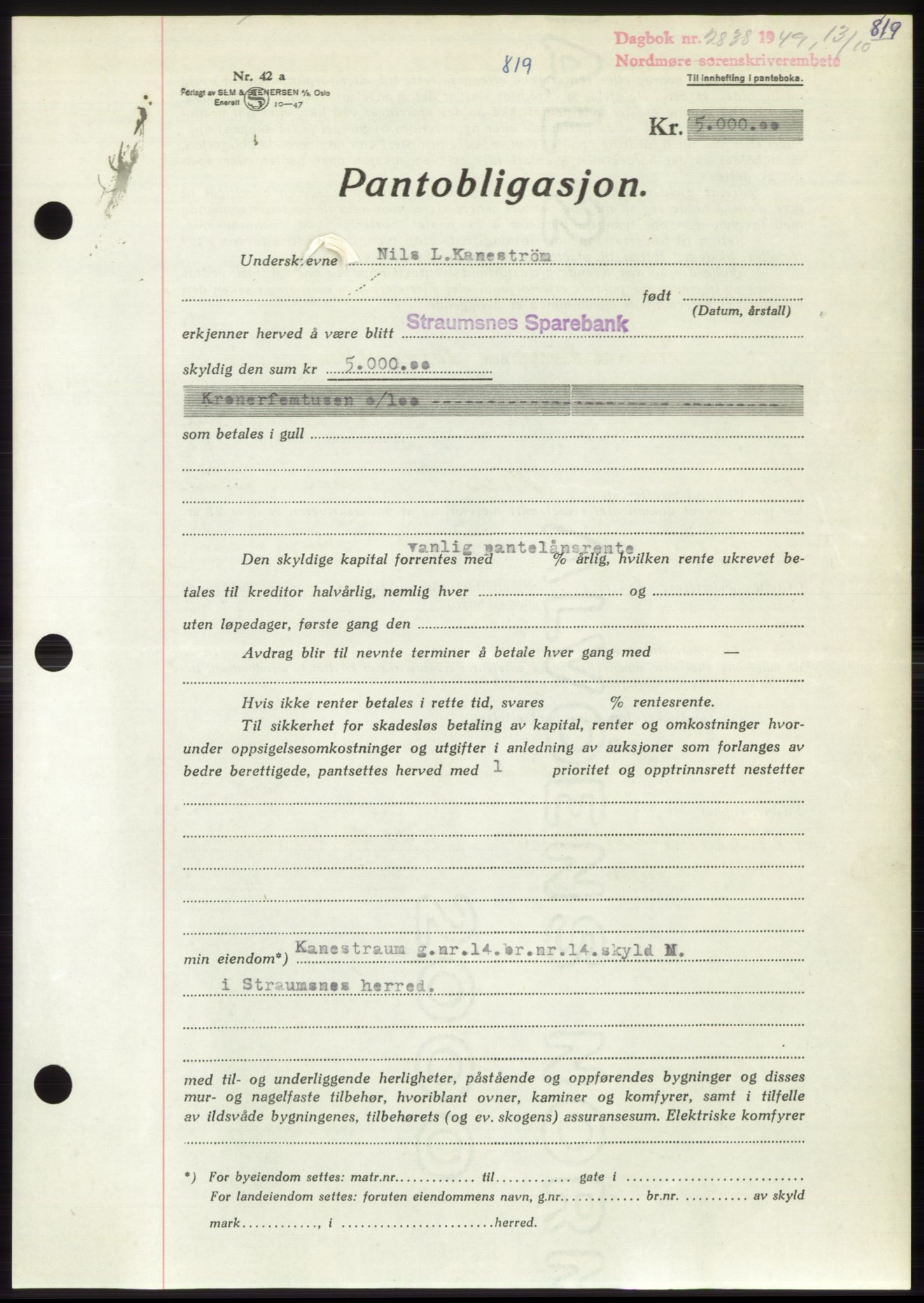 Nordmøre sorenskriveri, AV/SAT-A-4132/1/2/2Ca: Mortgage book no. B102, 1949-1949, Diary no: : 2838/1949