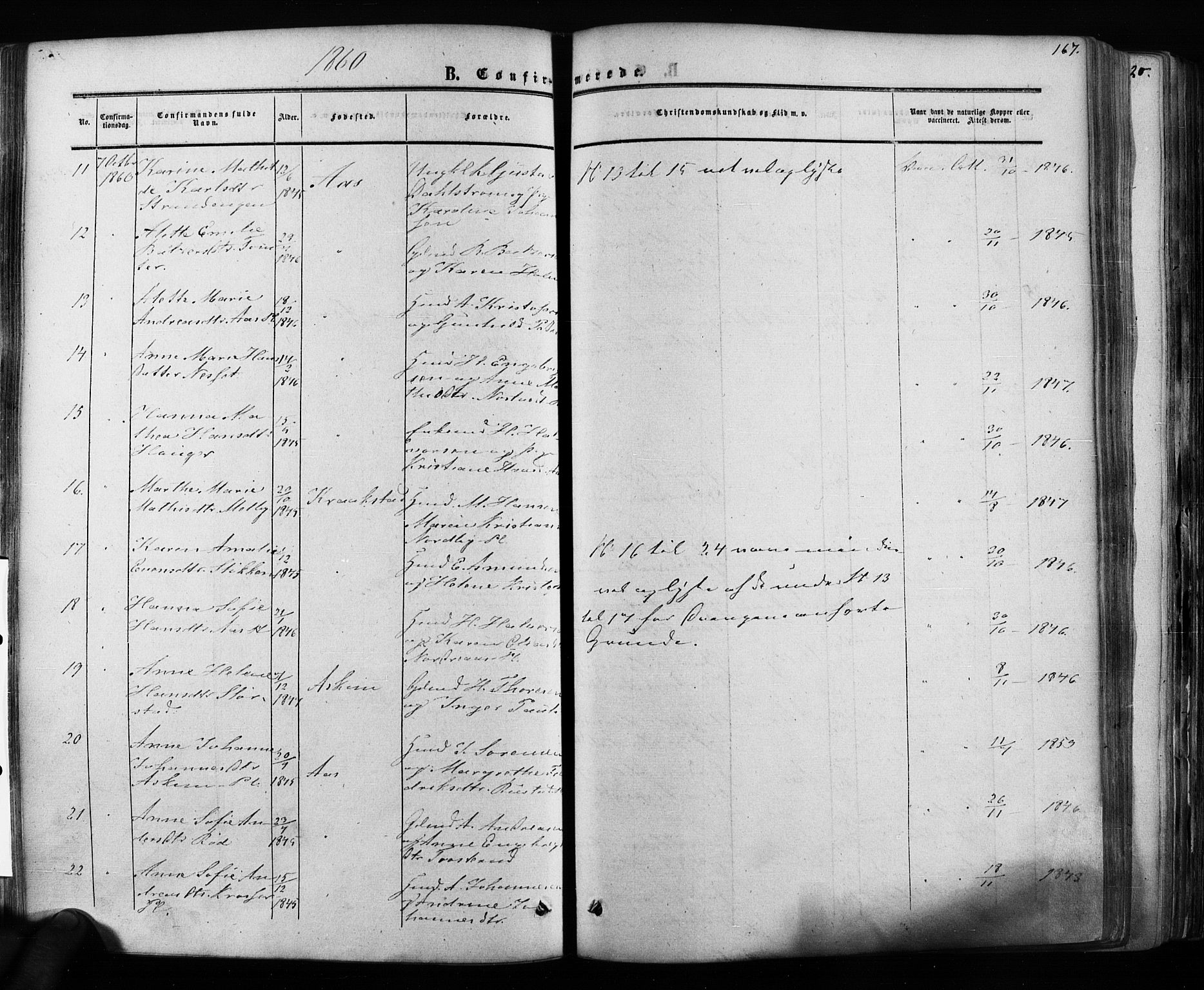 Ås prestekontor Kirkebøker, AV/SAO-A-10894/F/Fa/L0007: Parish register (official) no. I 7, 1854-1870, p. 167