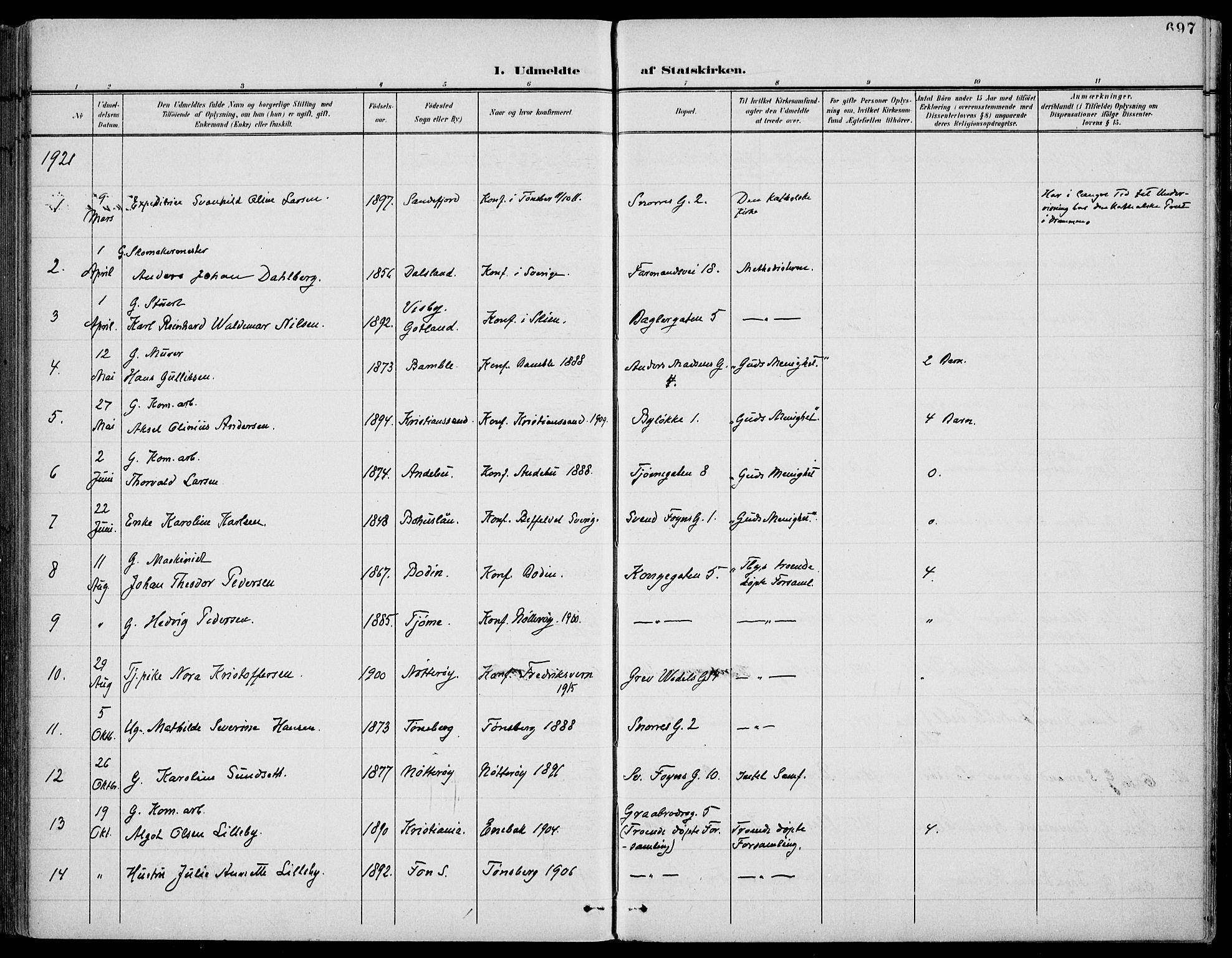 Tønsberg kirkebøker, AV/SAKO-A-330/F/Fa/L0013: Parish register (official) no. I 13, 1900-1913, p. 697