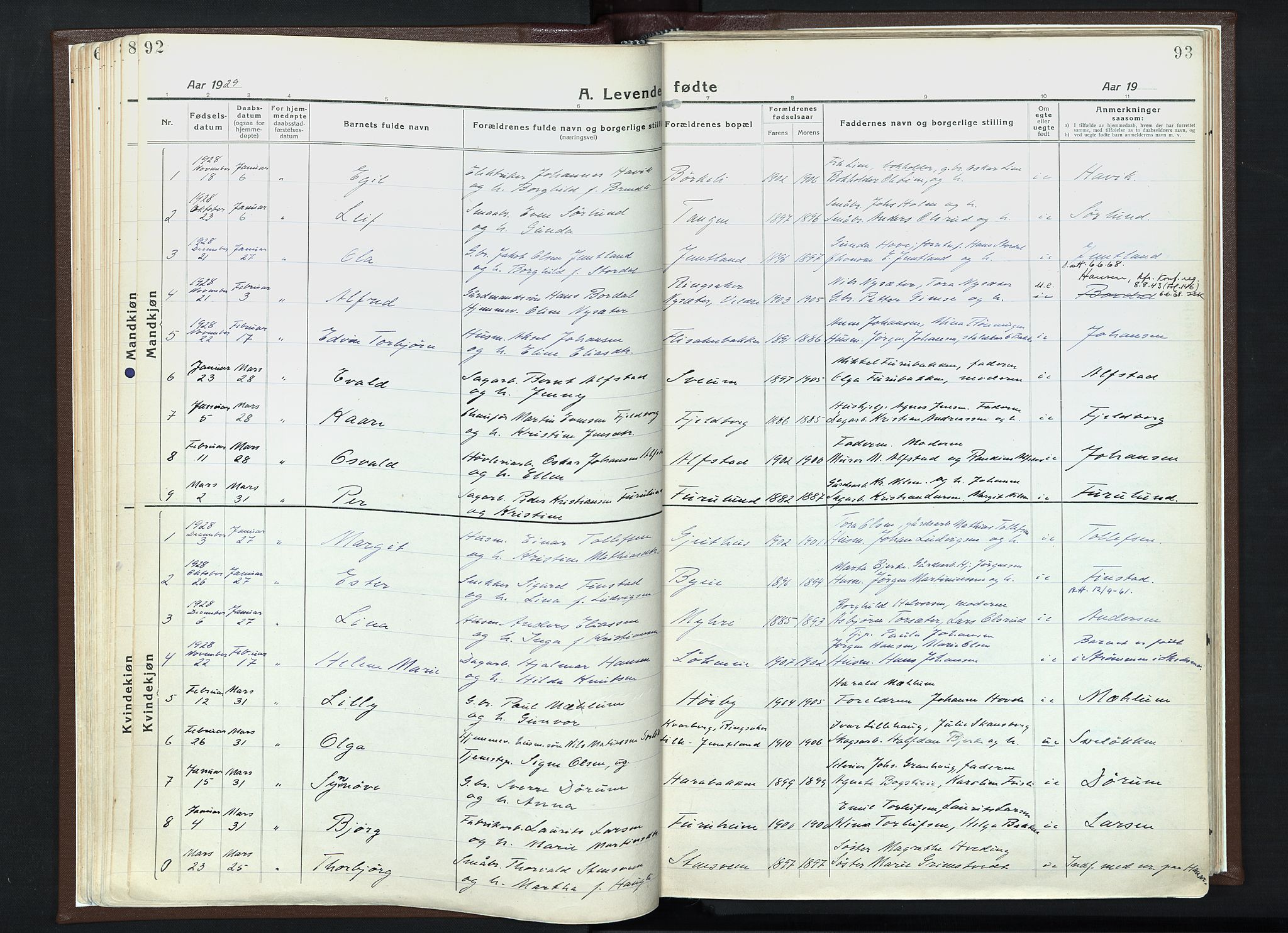 Veldre prestekontor, AV/SAH-PREST-018/K/Ka/L0001: Parish register (official) no. 1, 1921-1934, p. 92-93