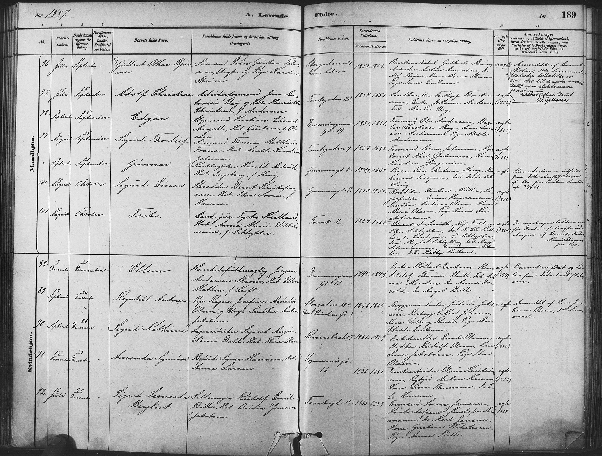 Oslo domkirke Kirkebøker, SAO/A-10752/F/Fa/L0029: Parish register (official) no. 29, 1879-1892, p. 189