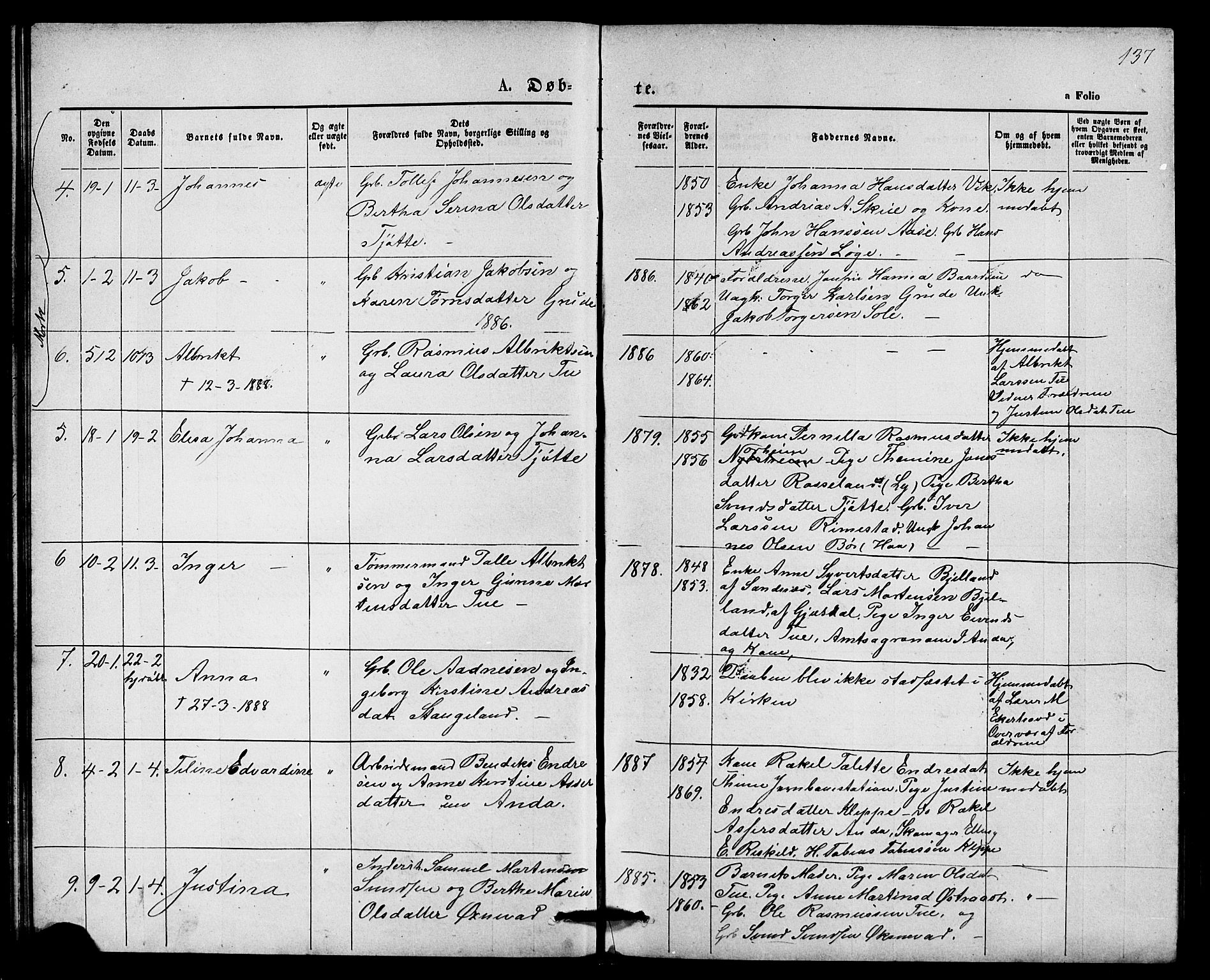 Klepp sokneprestkontor, AV/SAST-A-101803/001/3/30BB/L0003: Parish register (copy) no. B 3, 1876-1888, p. 137