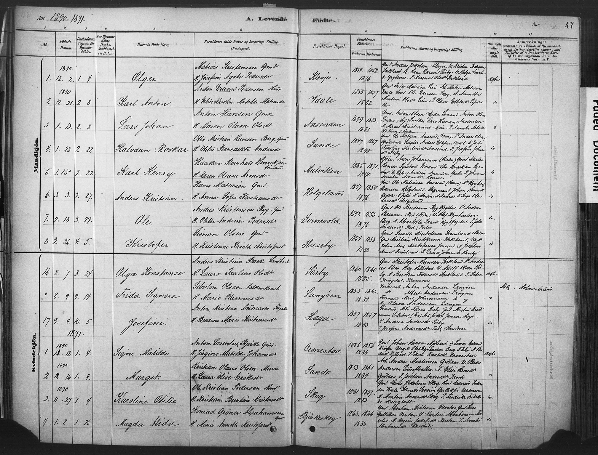 Våle kirkebøker, AV/SAKO-A-334/F/Fa/L0011: Parish register (official) no. I 11, 1878-1906, p. 47