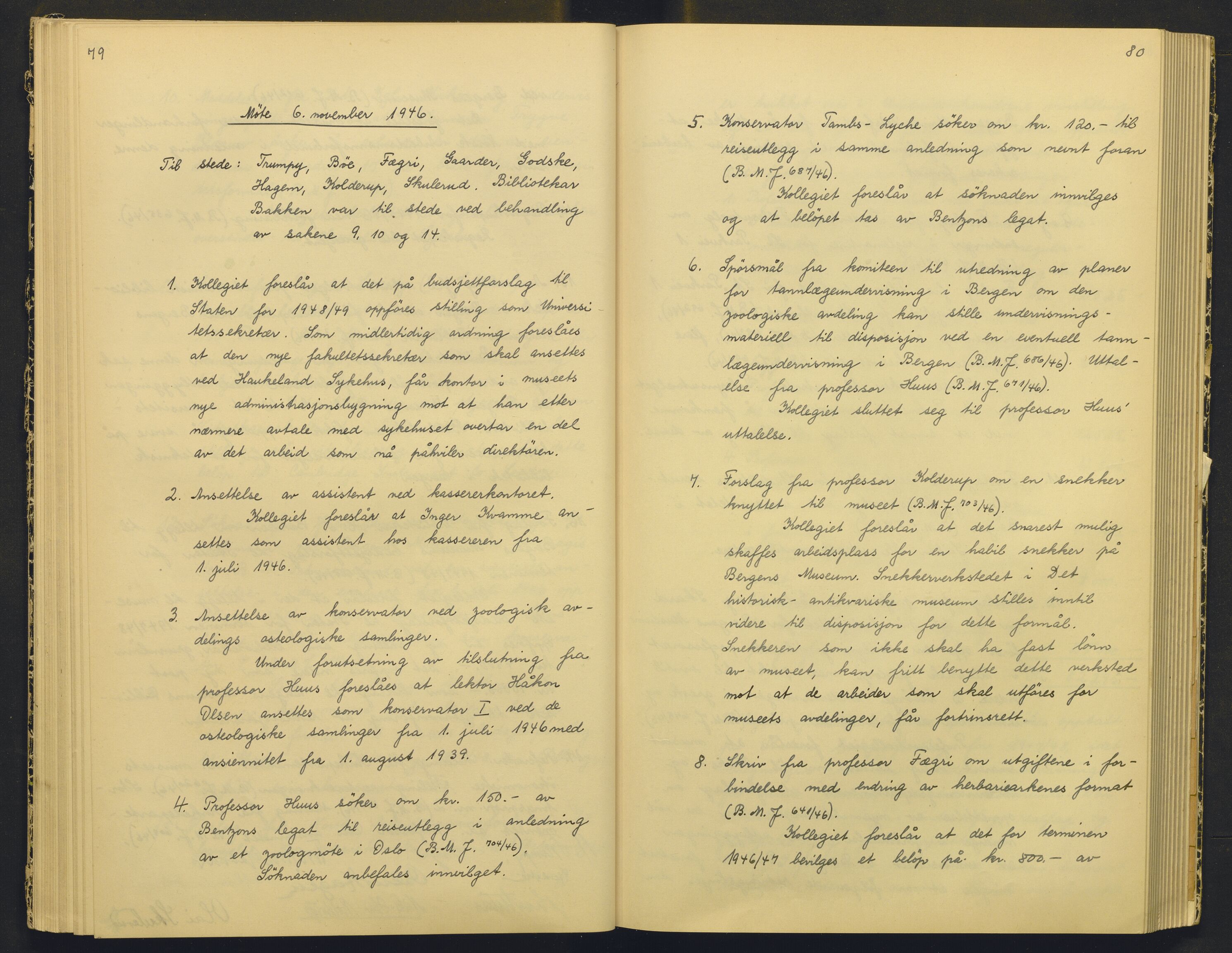 Bergens Museum, AV/SAB-A-17301/18/A/L0004: Professorkollegiets møtebok med register , 1945-1949, p. 79-80