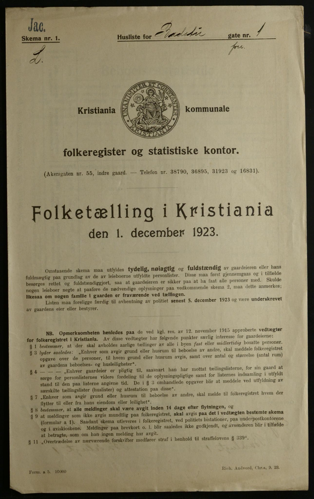 OBA, Municipal Census 1923 for Kristiania, 1923, p. 3199