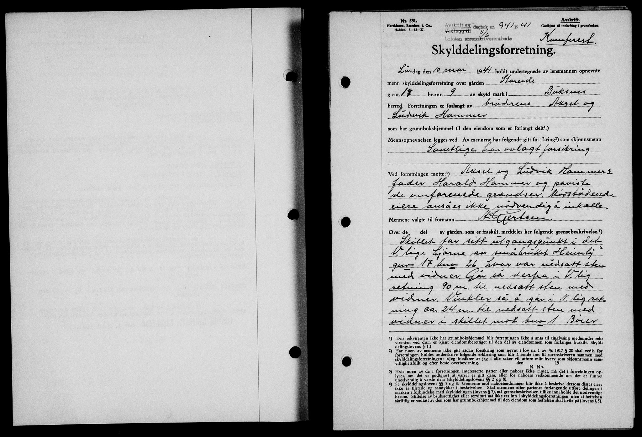 Lofoten sorenskriveri, SAT/A-0017/1/2/2C/L0008a: Mortgage book no. 8a, 1940-1941, Diary no: : 941/1941