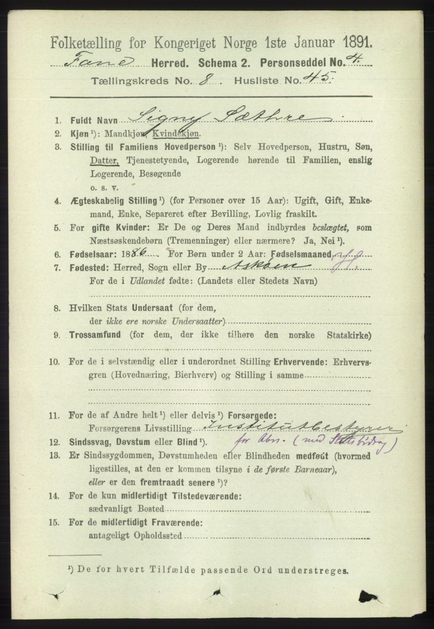 RA, 1891 census for 1249 Fana, 1891, p. 3805