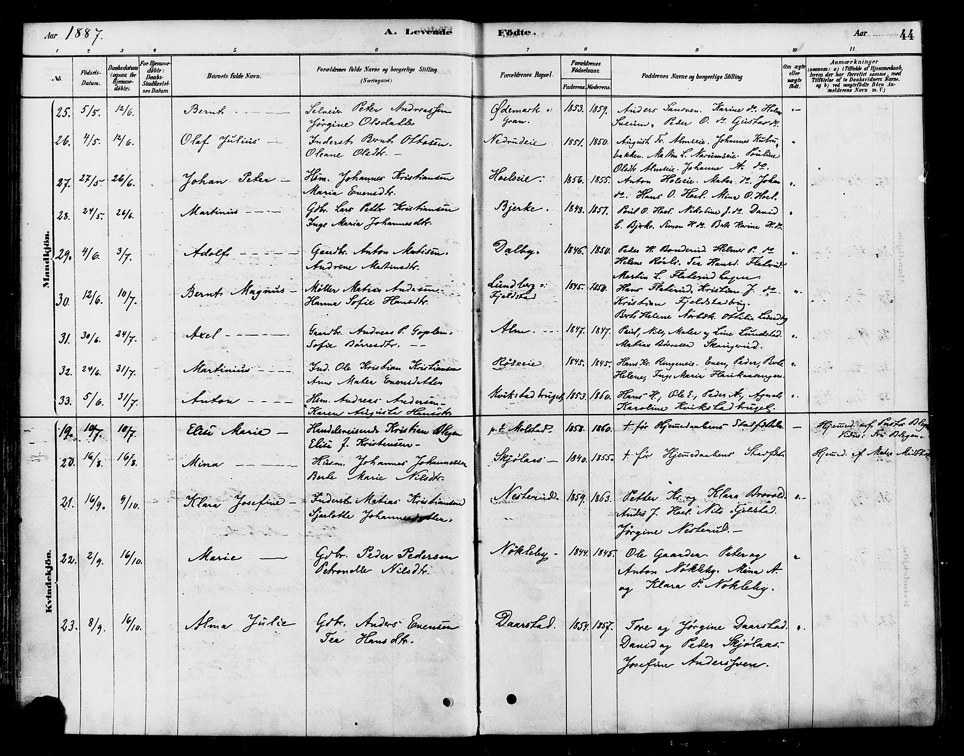 Vestre Toten prestekontor, AV/SAH-PREST-108/H/Ha/Haa/L0010: Parish register (official) no. 10, 1878-1894, p. 44