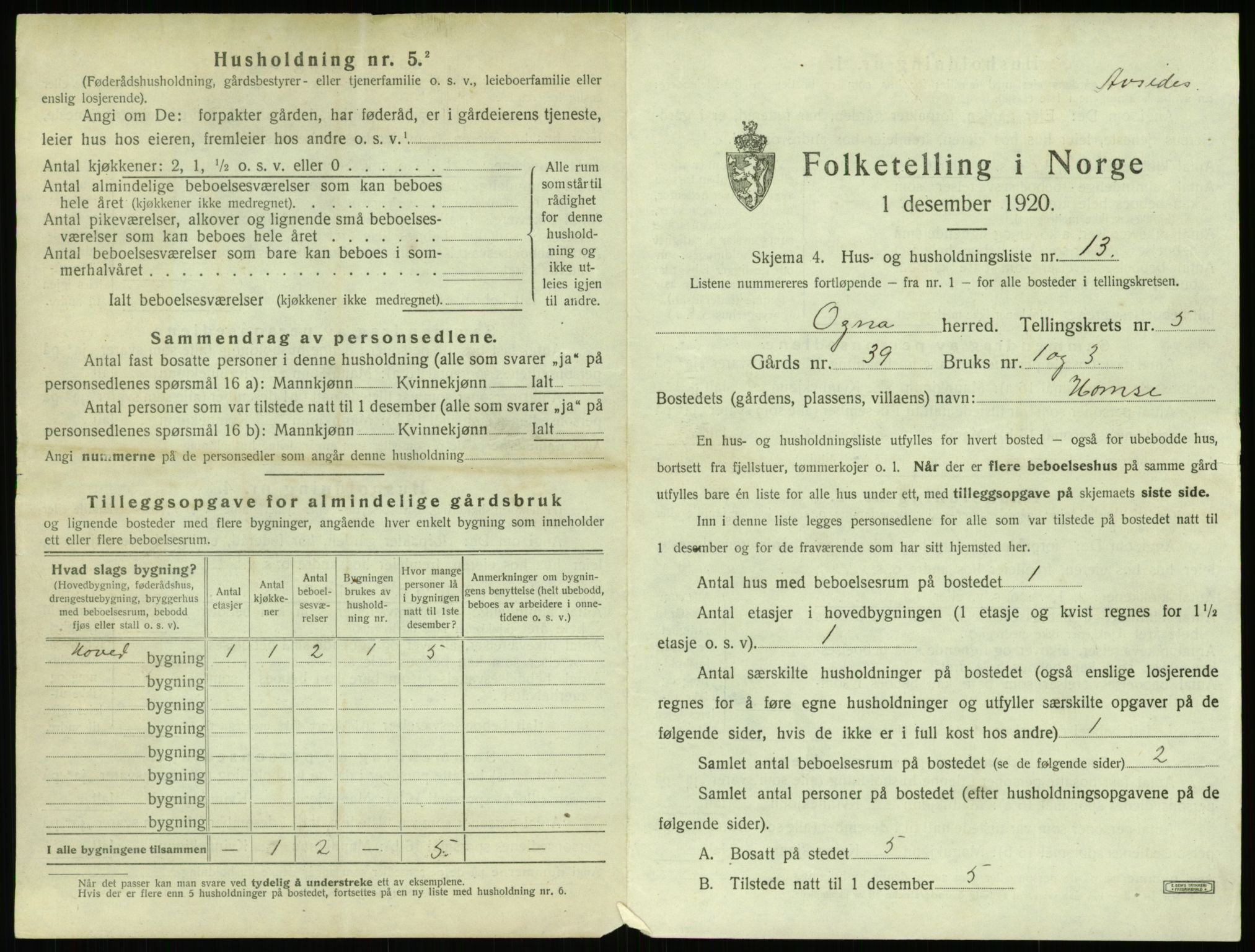 SAST, 1920 census for Ogna, 1920, p. 485