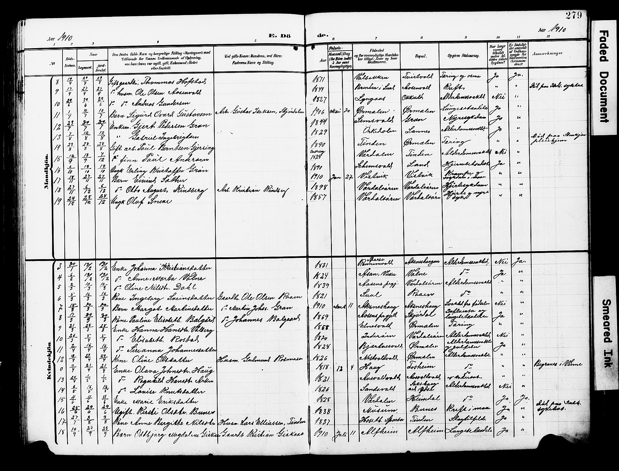 Ministerialprotokoller, klokkerbøker og fødselsregistre - Nord-Trøndelag, SAT/A-1458/723/L0258: Parish register (copy) no. 723C06, 1908-1927, p. 279