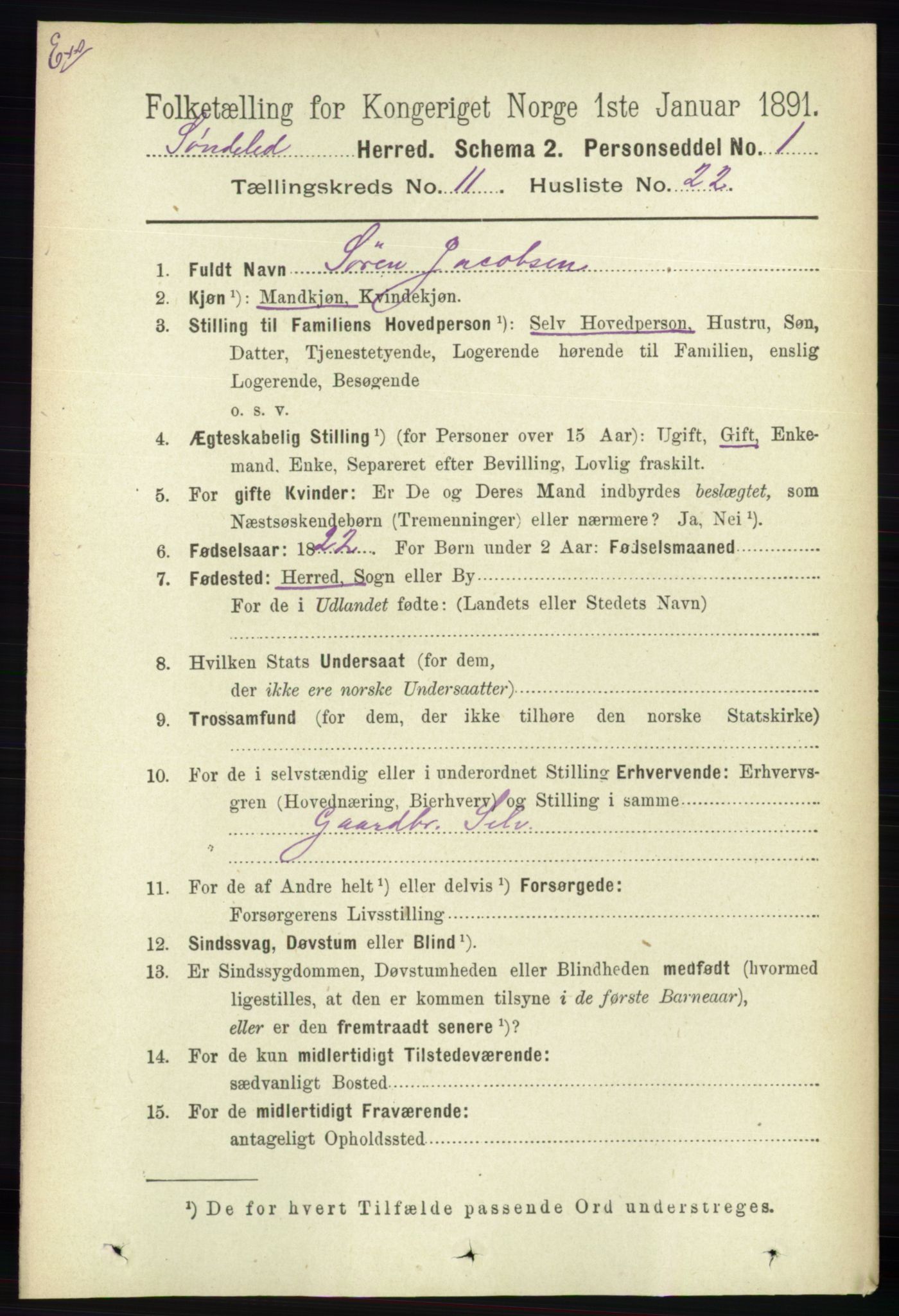 RA, Census 1891 for Nedenes amt: Gjenparter av personsedler for beslektede ektefeller, menn, 1891, p. 154