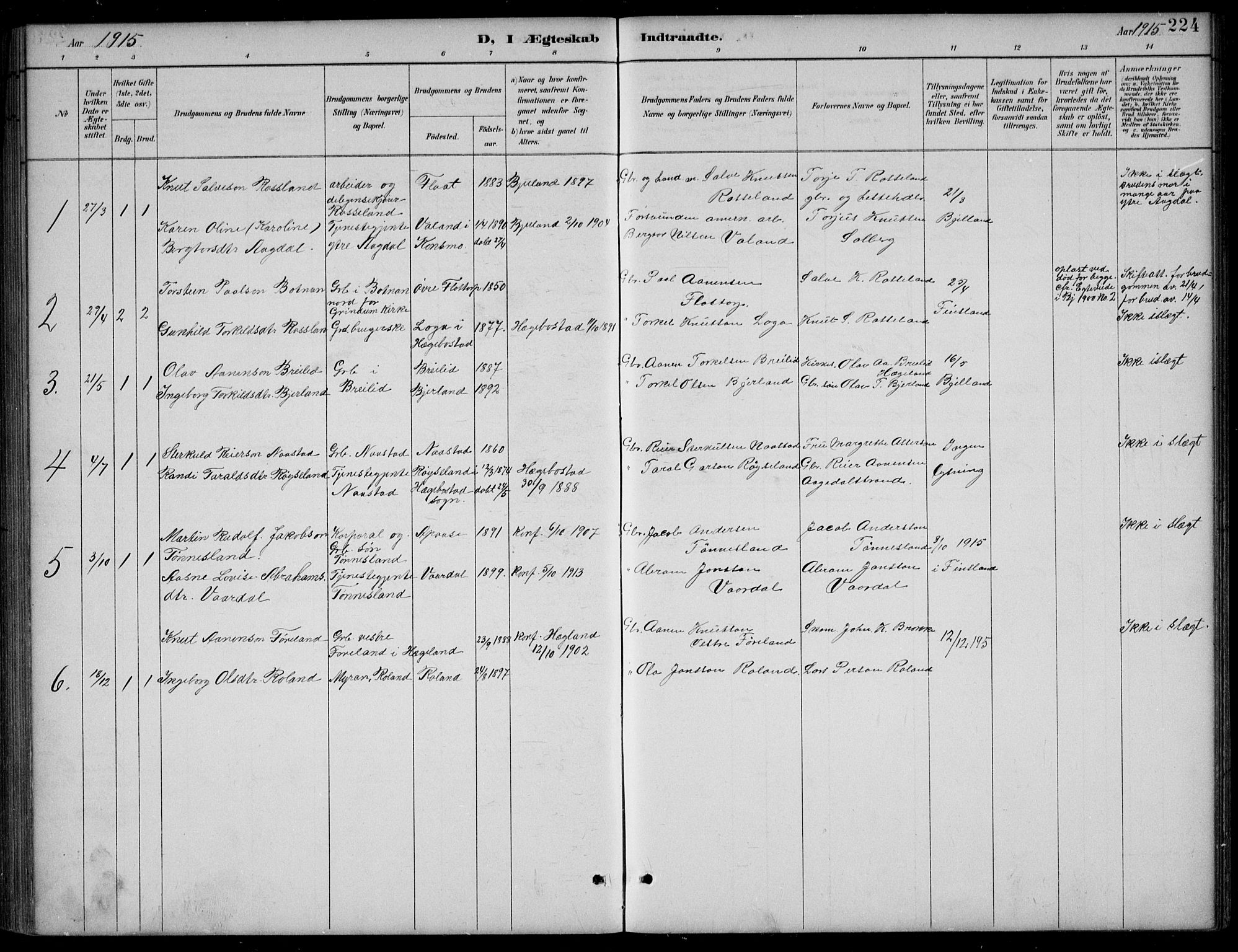 Bjelland sokneprestkontor, SAK/1111-0005/F/Fb/Fba/L0005: Parish register (copy) no. B 5, 1887-1923, p. 224