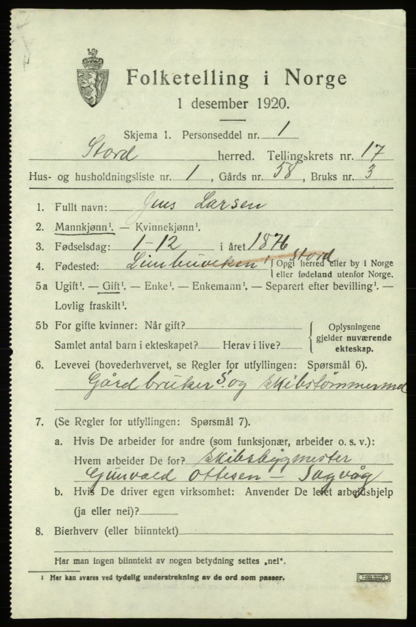 SAB, 1920 census for Stord, 1920, p. 9413