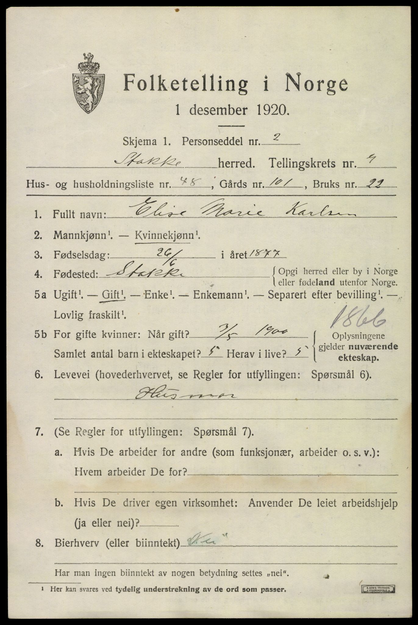 SAKO, 1920 census for Stokke, 1920, p. 10934