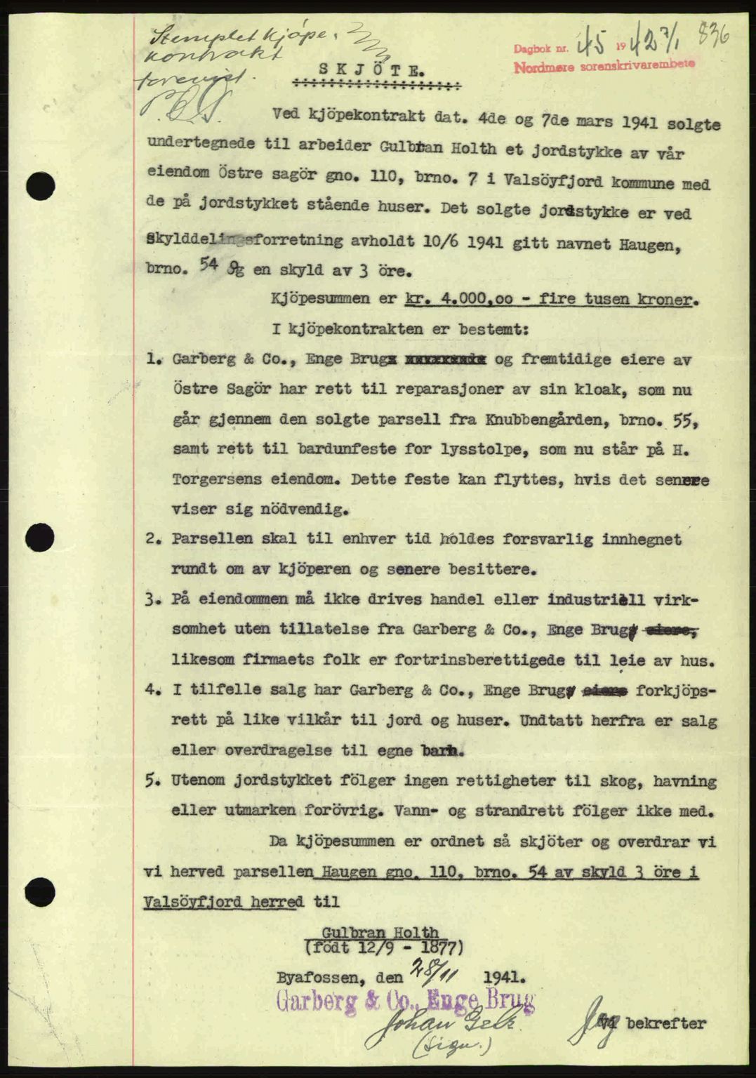 Nordmøre sorenskriveri, AV/SAT-A-4132/1/2/2Ca: Mortgage book no. A91, 1941-1942, Diary no: : 45/1942