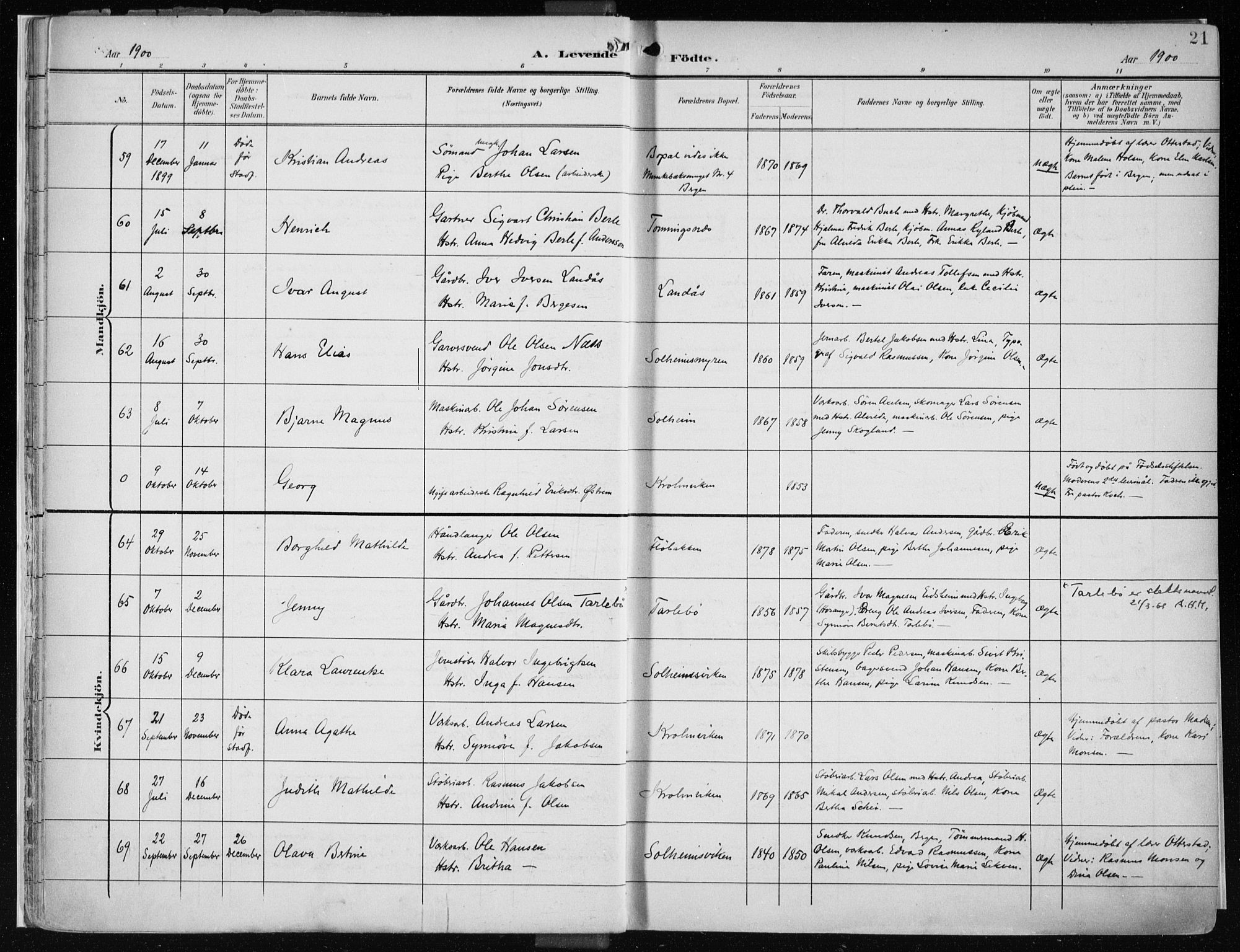 Årstad Sokneprestembete, AV/SAB-A-79301/H/Haa/L0002: Parish register (official) no. A 2, 1899-1914, p. 21