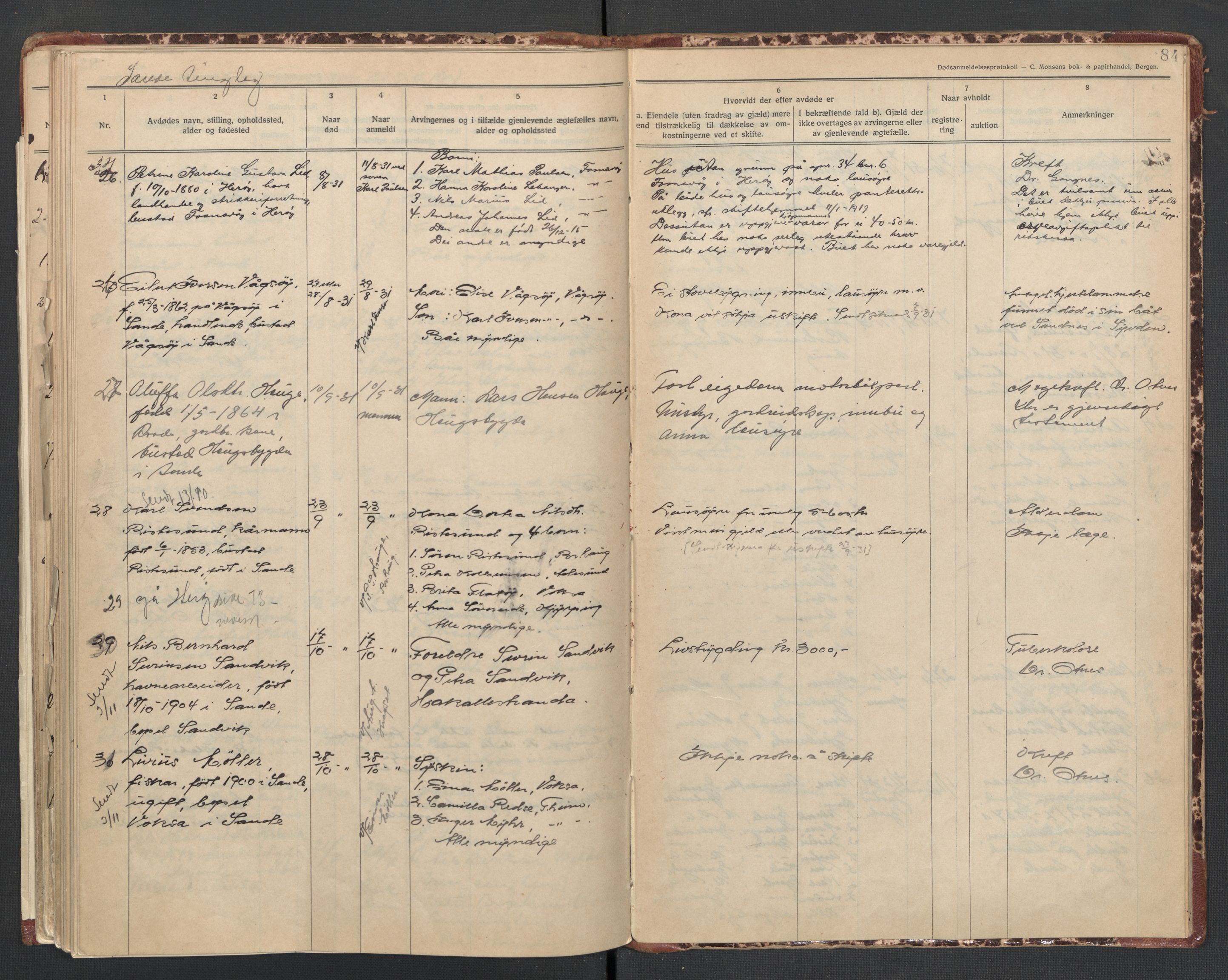Herøy og Sande lensmannskontor, AV/SAT-A-5655/2/2/L0046: Dødsfallprotokoll, 1923-1931, p. 84