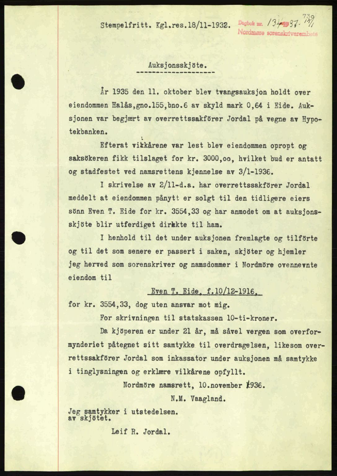 Nordmøre sorenskriveri, AV/SAT-A-4132/1/2/2Ca: Mortgage book no. A80, 1936-1937, Diary no: : 134/1937