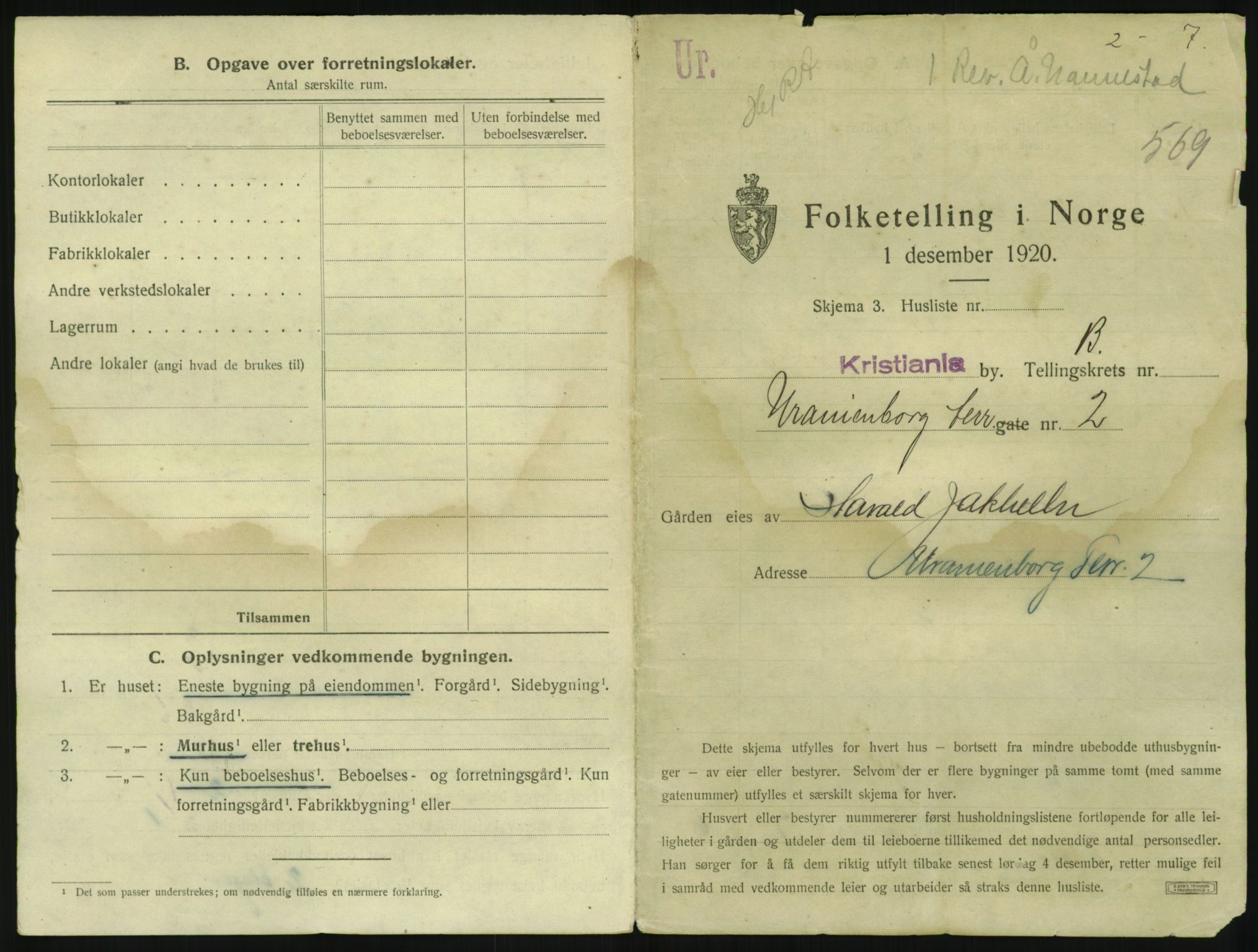 SAO, 1920 census for Kristiania, 1920, p. 123139