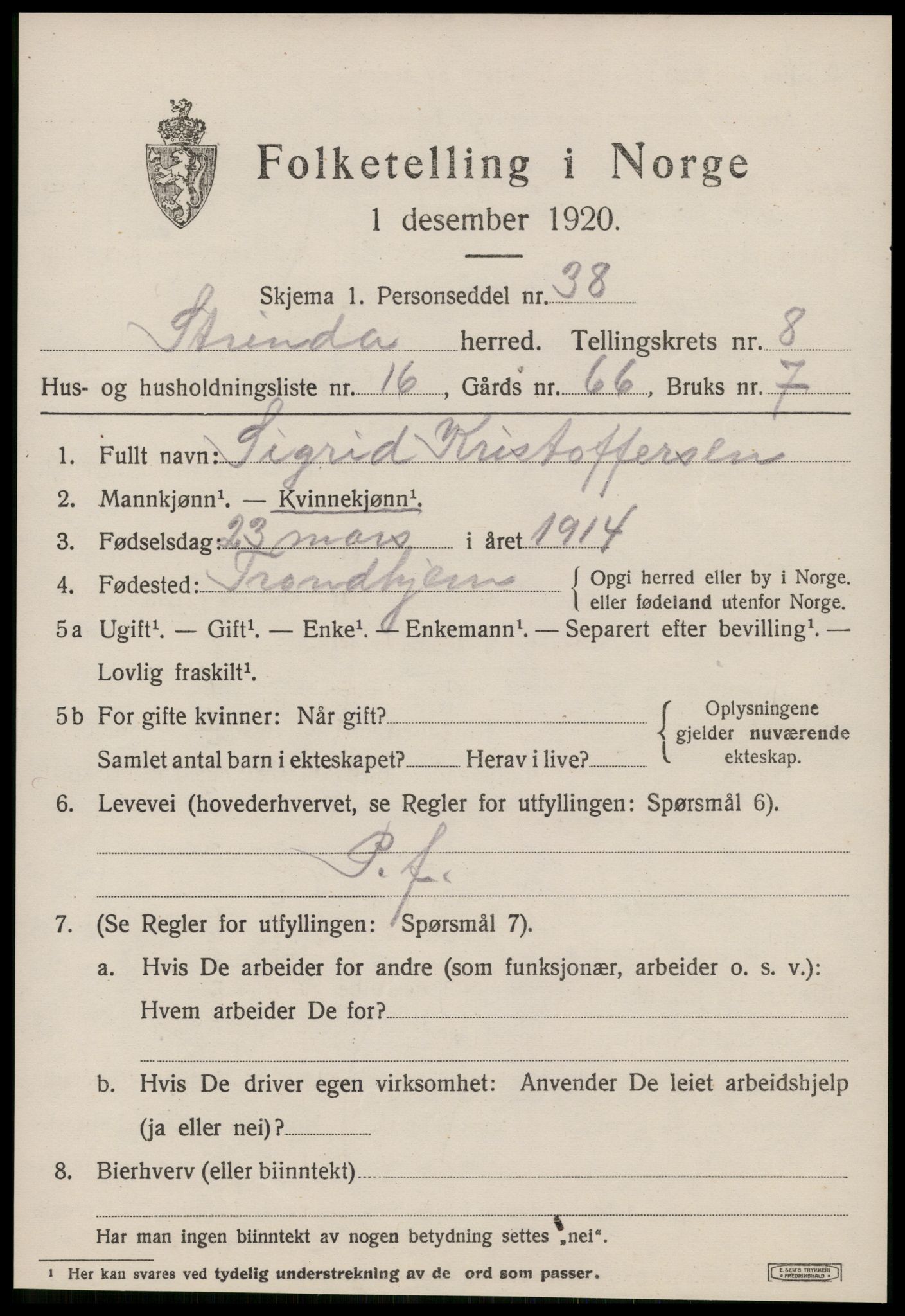 SAT, 1920 census for Strinda, 1920, p. 20212