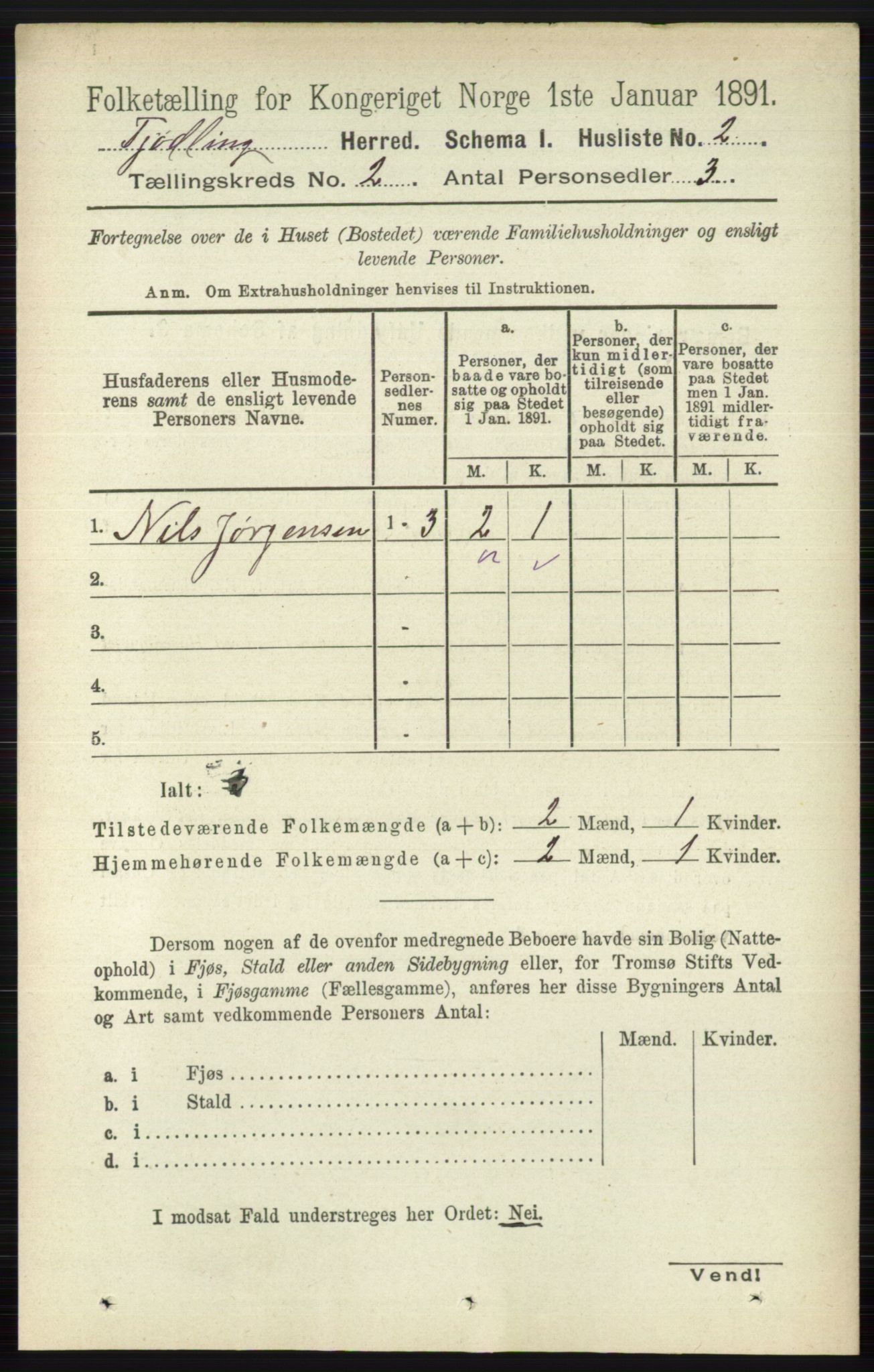 RA, 1891 census for 0725 Tjølling, 1891, p. 445