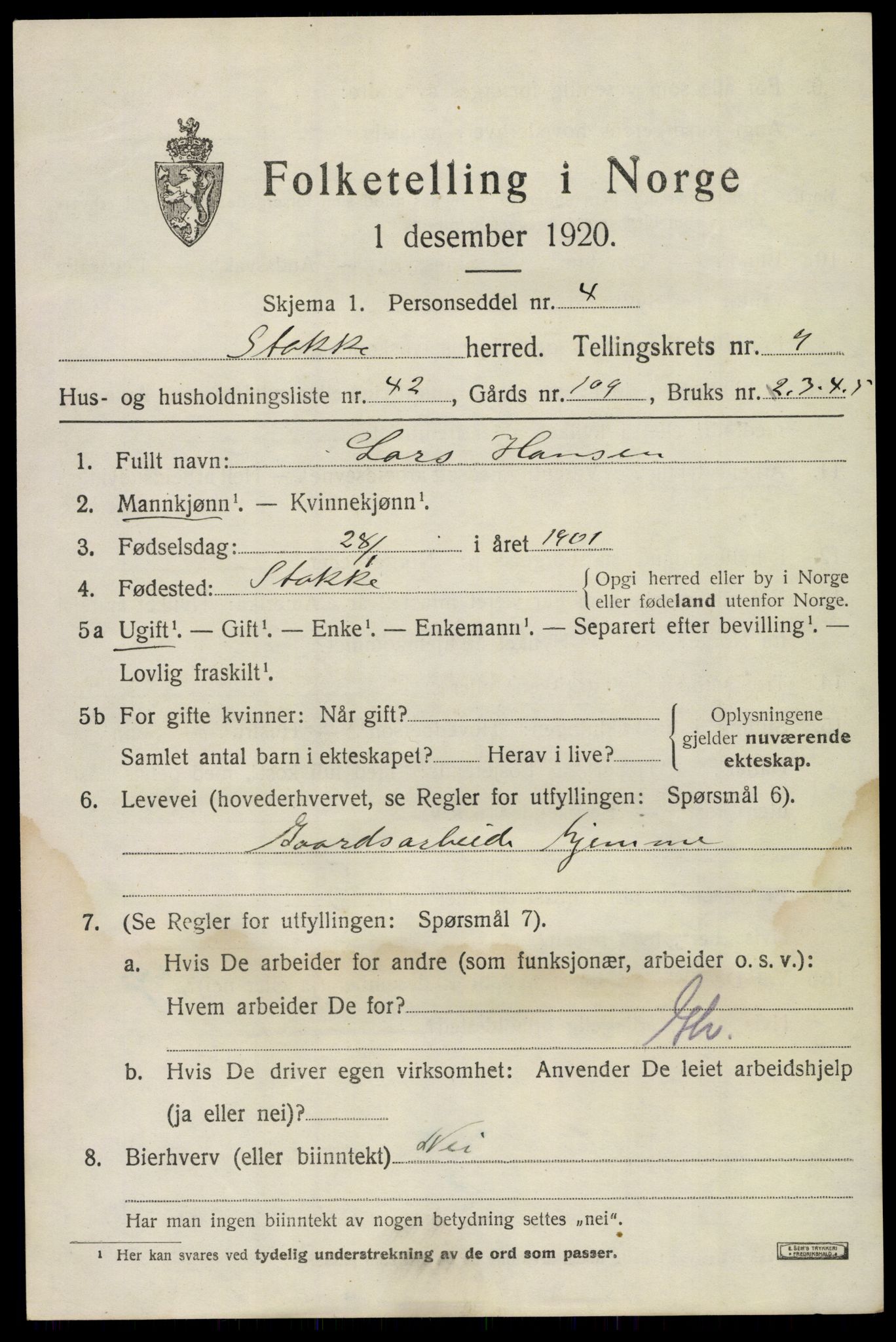 SAKO, 1920 census for Stokke, 1920, p. 10878