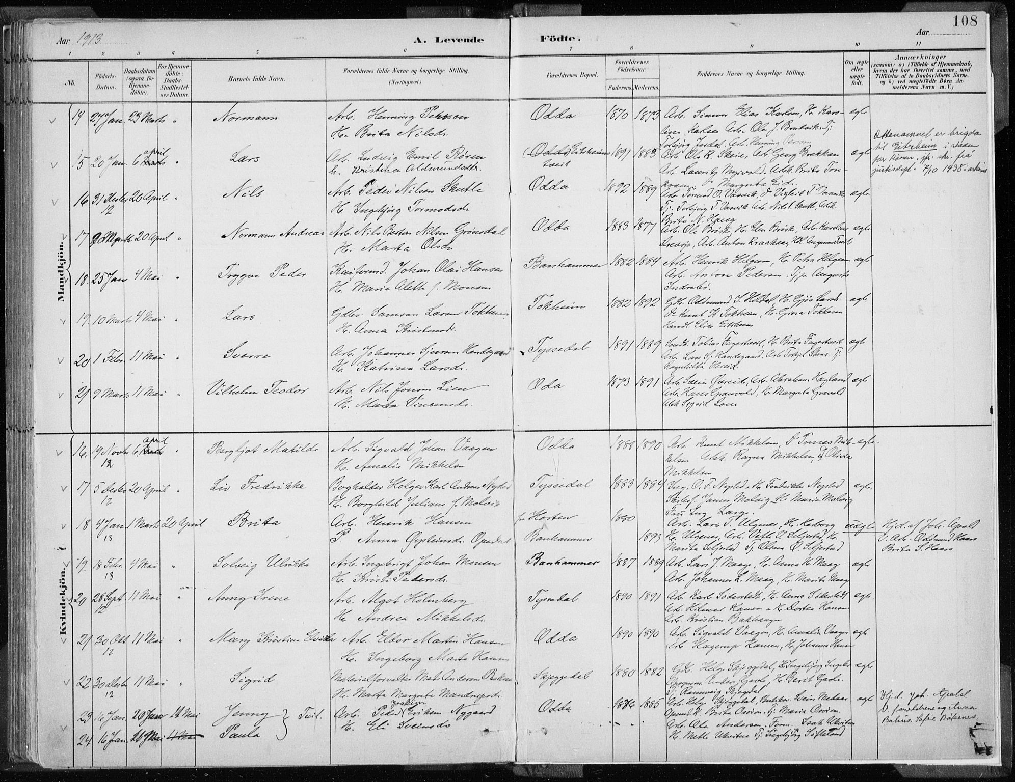 Odda Sokneprestembete, AV/SAB-A-77201/H/Haa: Parish register (official) no. A  3, 1882-1913, p. 108