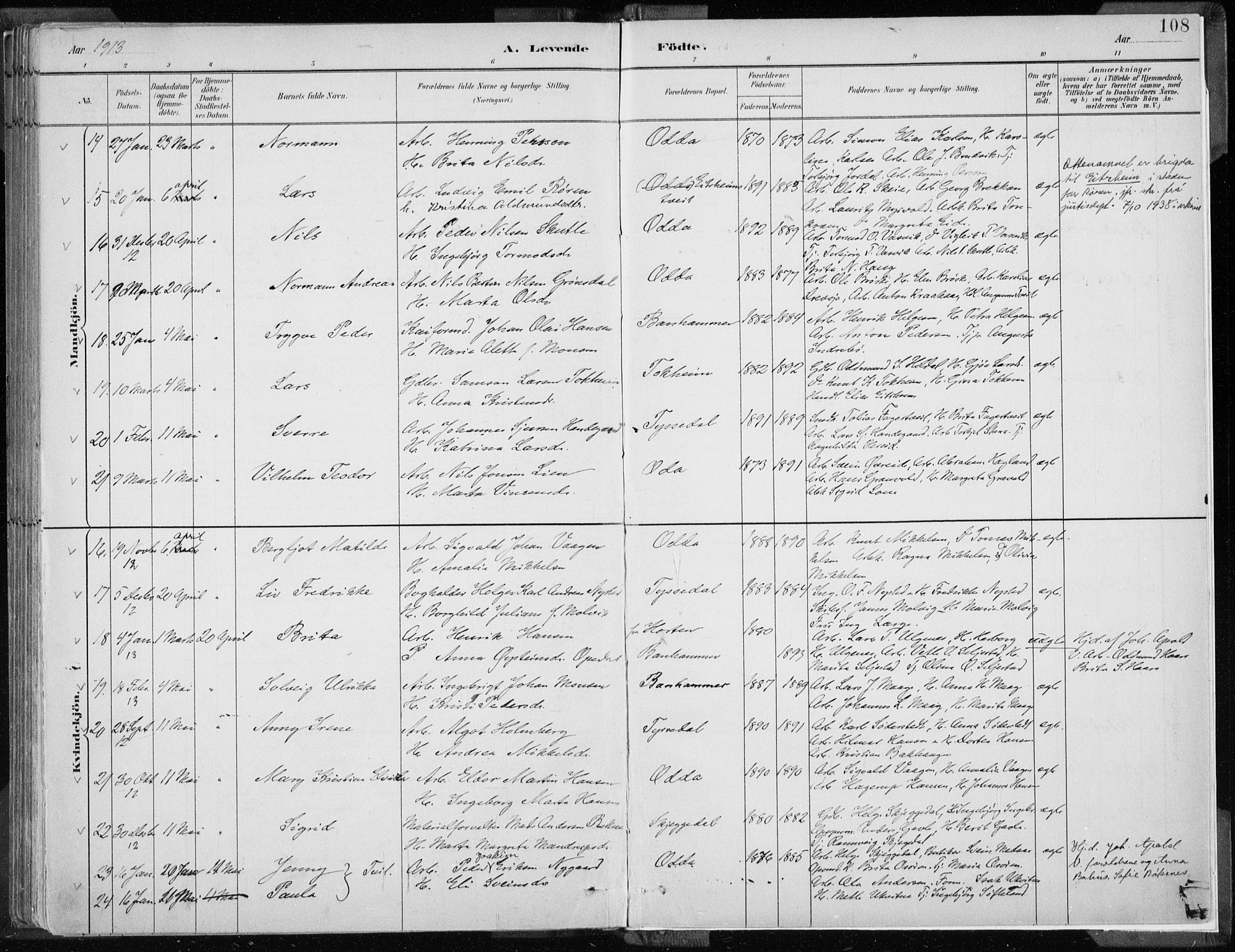 Odda Sokneprestembete, SAB/A-77201/H/Haa: Parish register (official) no. A  3, 1882-1913, p. 108