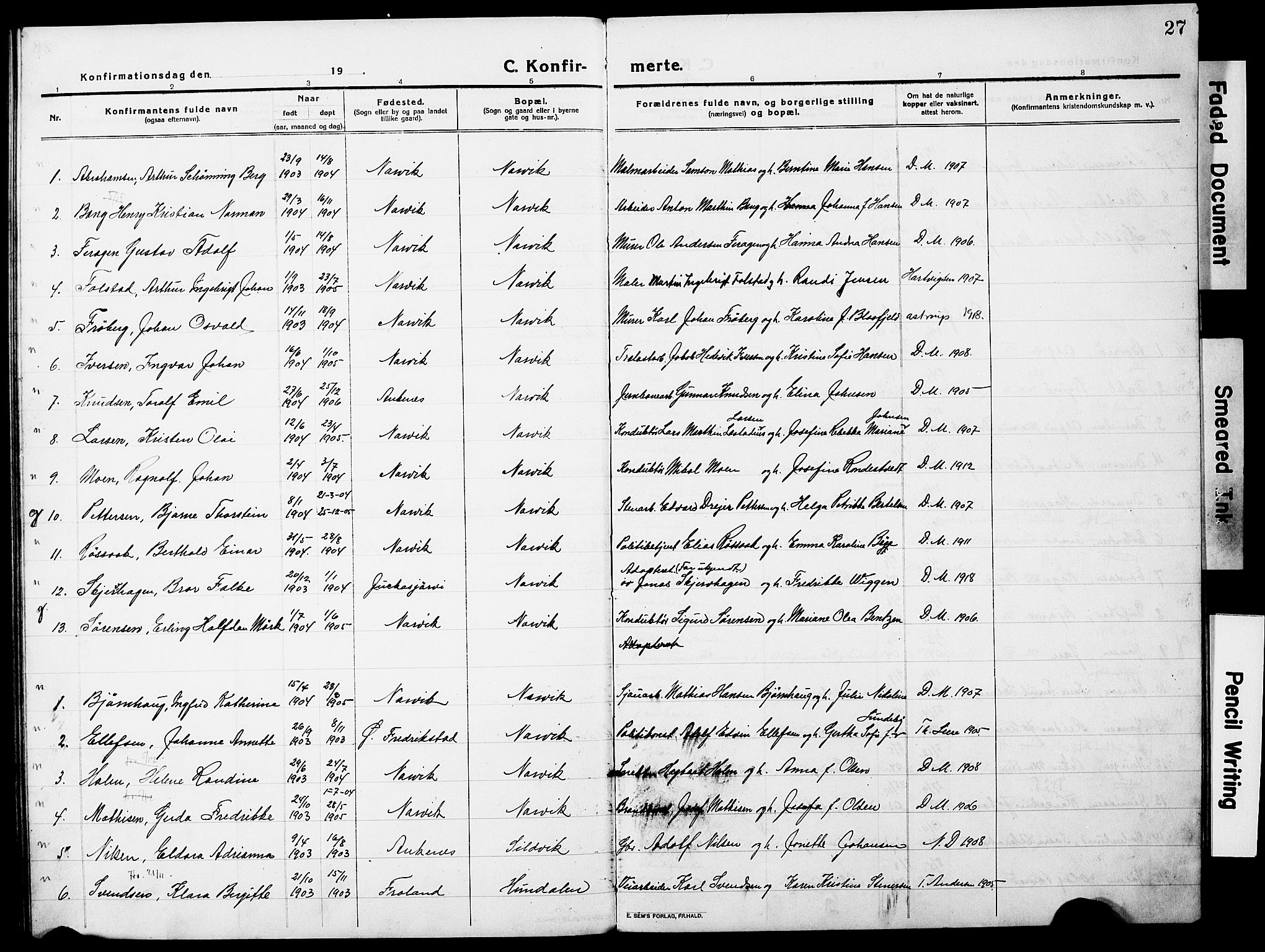 Ministerialprotokoller, klokkerbøker og fødselsregistre - Nordland, AV/SAT-A-1459/871/L0989: Parish register (official) no. 871A05, 1915-1922, p. 27