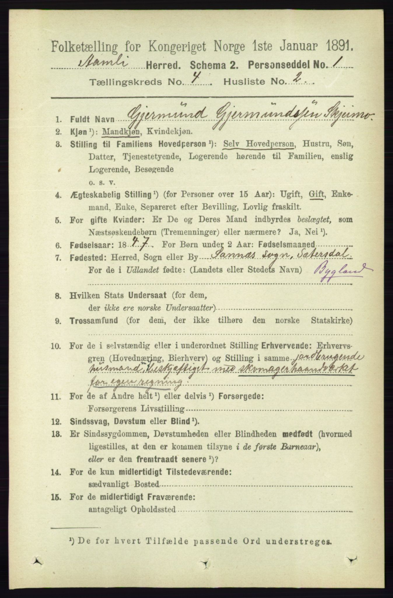 RA, 1891 census for 0929 Åmli, 1891, p. 447