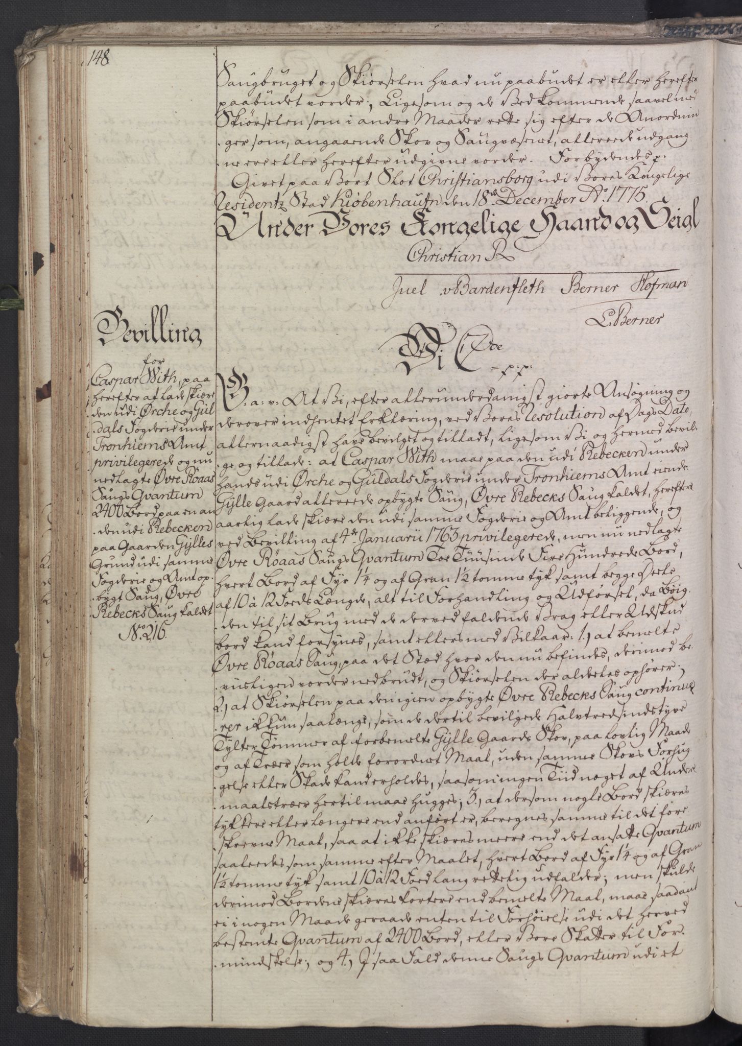 Rentekammeret, Kammerkanselliet, RA/EA-3111/G/Gg/Gga/L0010: Norsk ekspedisjonsprotokoll med register (merket RK 53.10), 1773-1778, p. 148