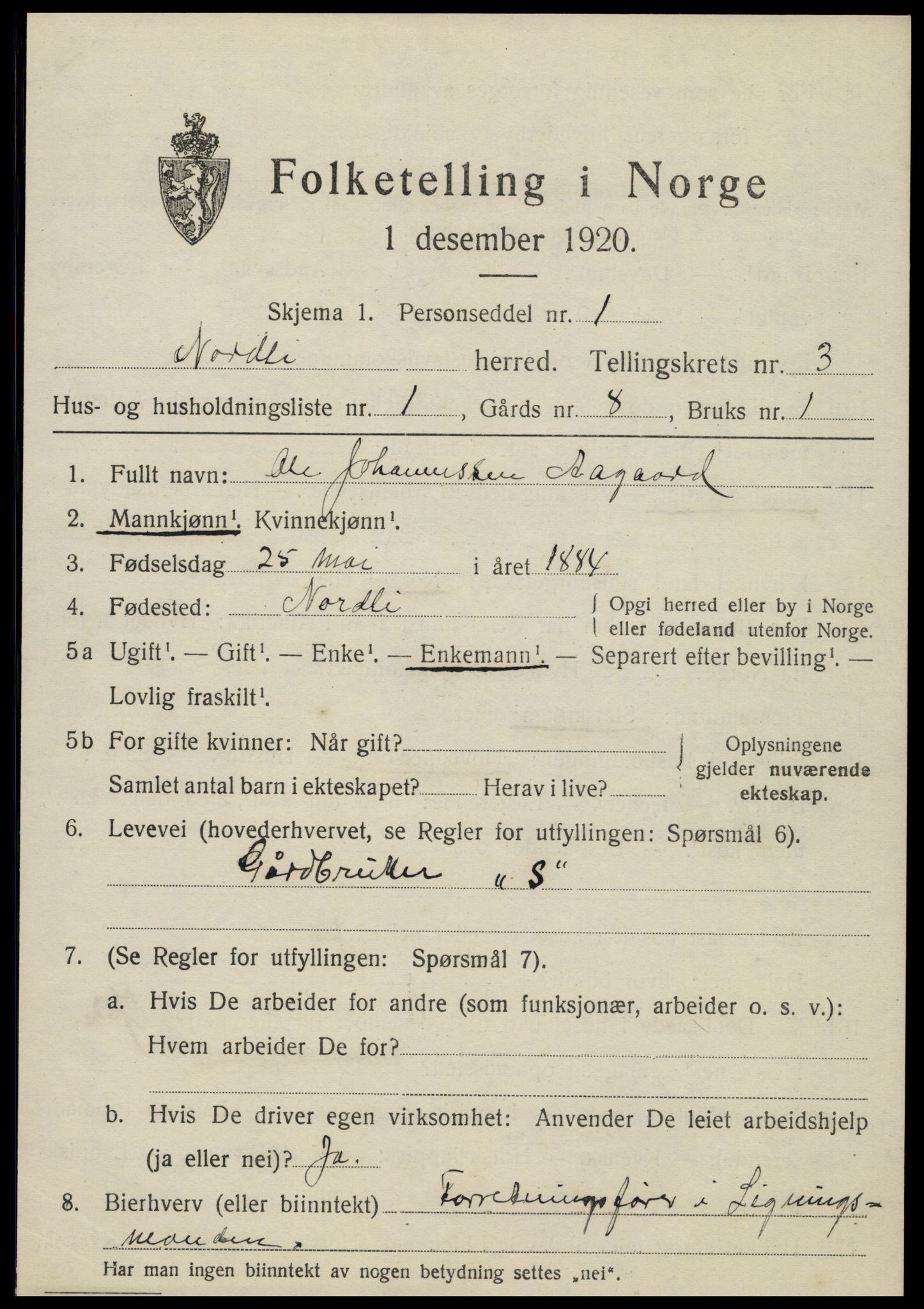 SAT, 1920 census for Nordli, 1920, p. 1407