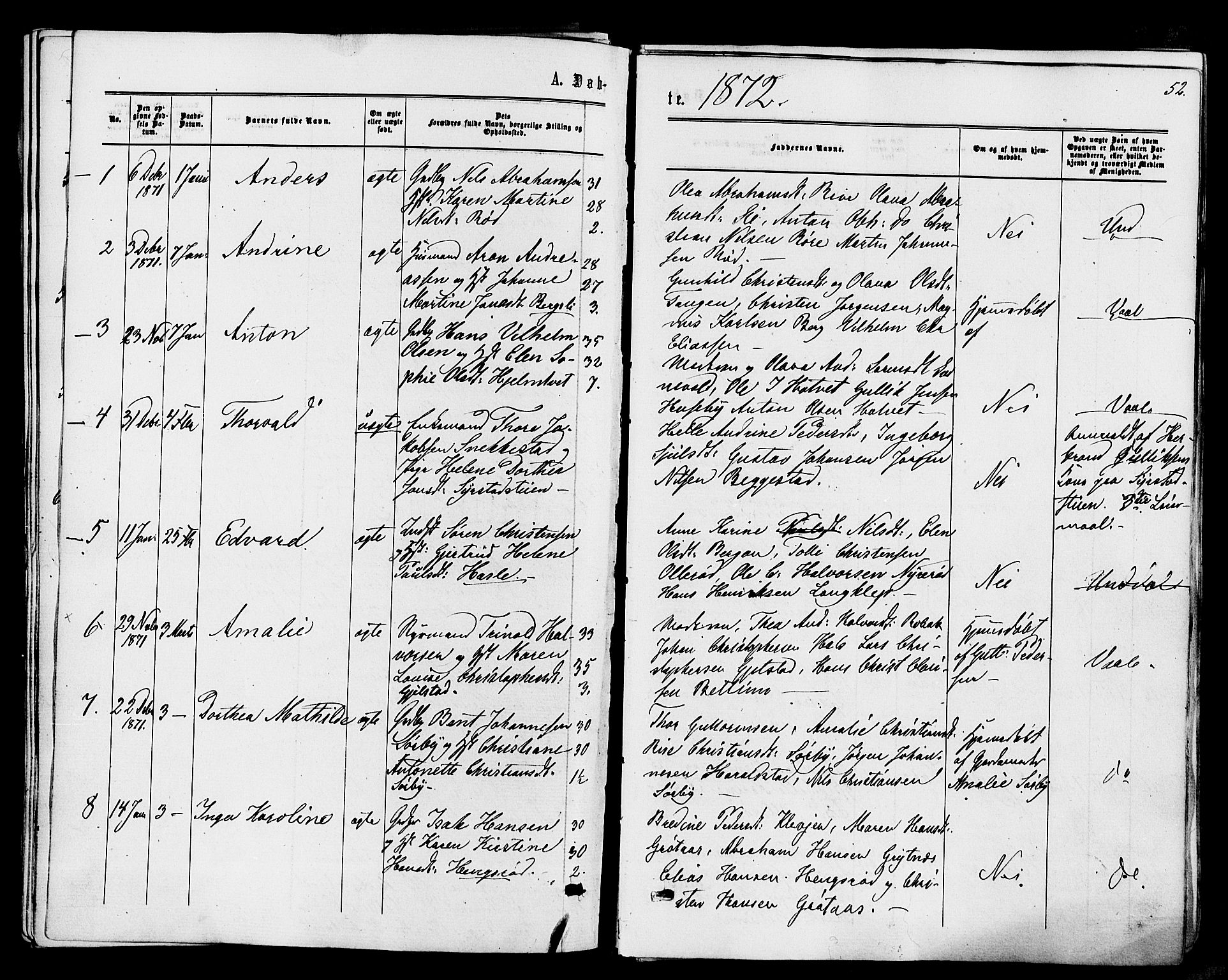 Våle kirkebøker, SAKO/A-334/F/Fa/L0010: Parish register (official) no. I 10, 1861-1877, p. 52
