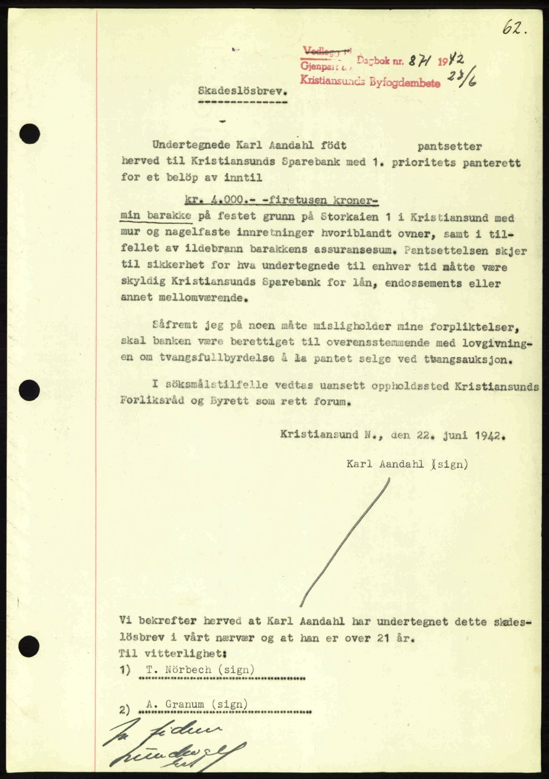 Kristiansund byfogd, SAT/A-4587/A/27: Mortgage book no. 36, 1942-1943, Diary no: : 871/1942