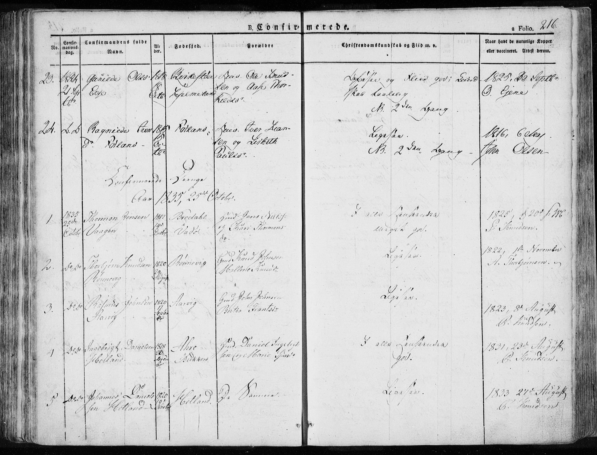 Tysvær sokneprestkontor, SAST/A -101864/H/Ha/Haa/L0001: Parish register (official) no. A 1.1, 1831-1856, p. 216