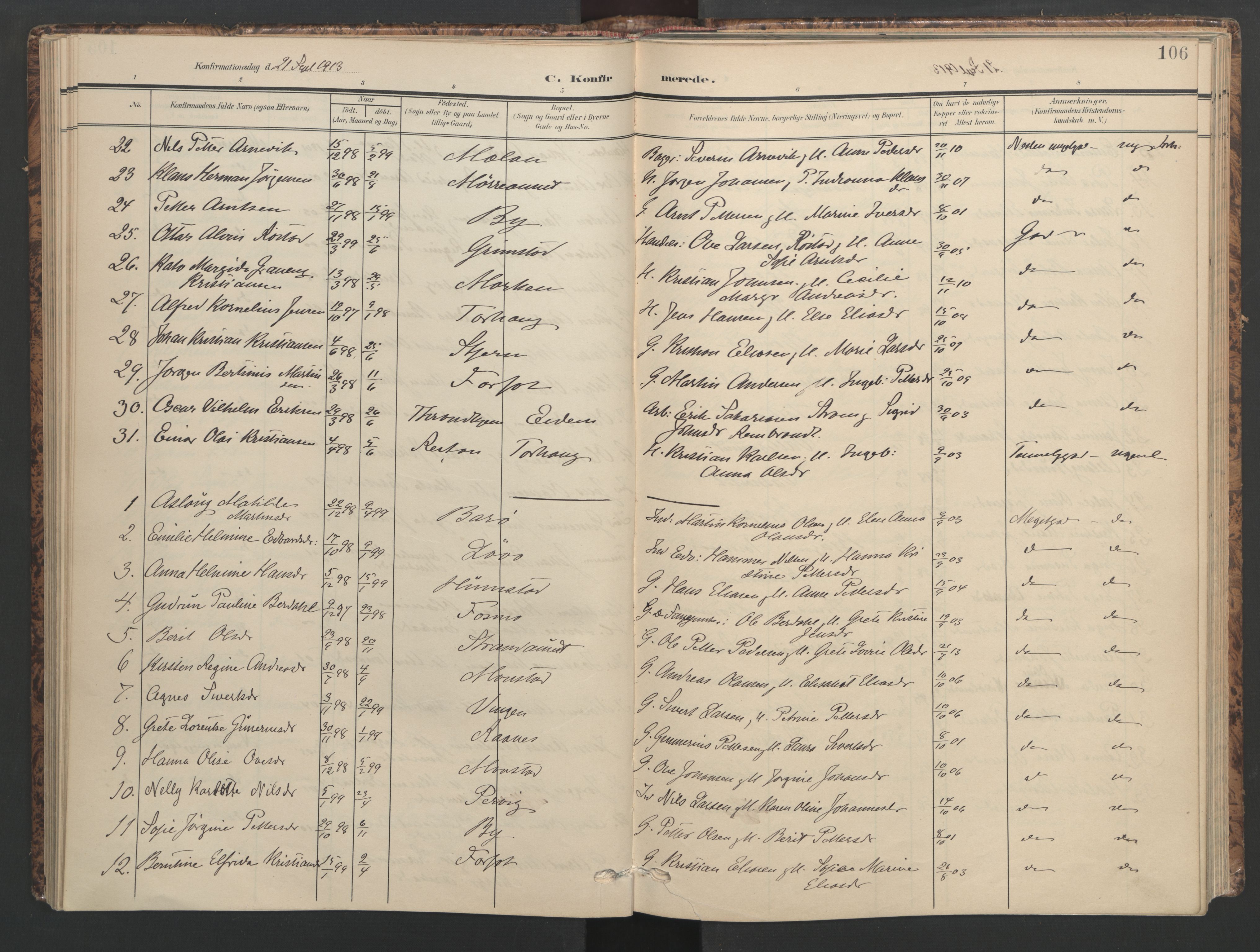 Ministerialprotokoller, klokkerbøker og fødselsregistre - Sør-Trøndelag, SAT/A-1456/655/L0682: Parish register (official) no. 655A11, 1908-1922, p. 106