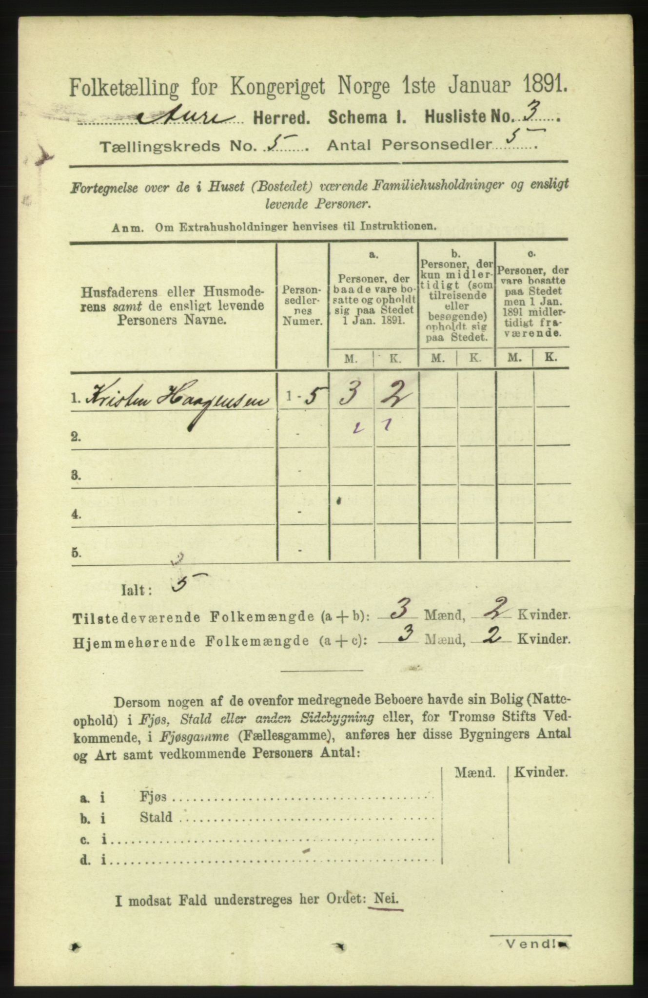 RA, 1891 census for 1569 Aure, 1891, p. 2615