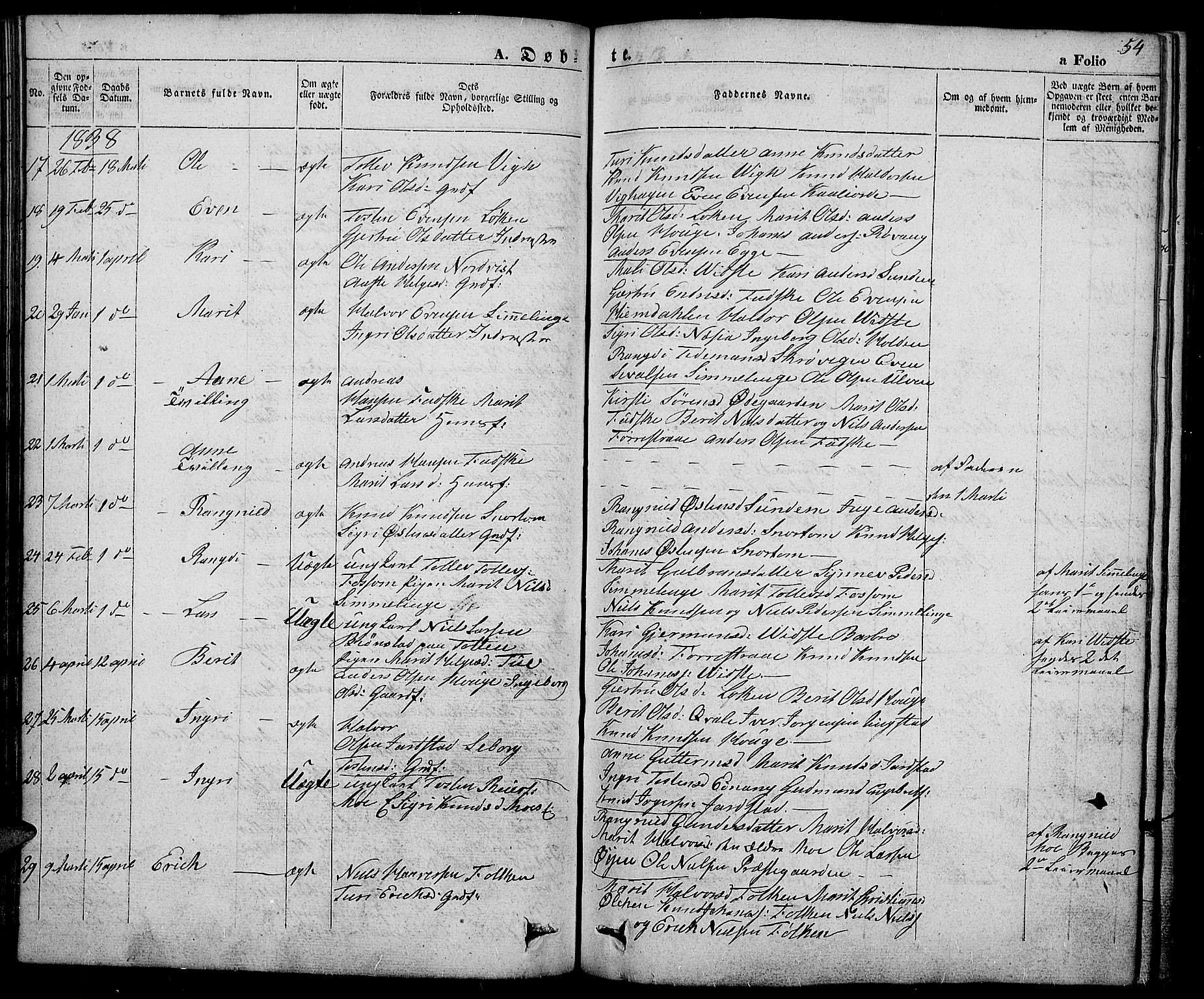 Slidre prestekontor, SAH/PREST-134/H/Ha/Haa/L0003: Parish register (official) no. 3, 1831-1843, p. 54