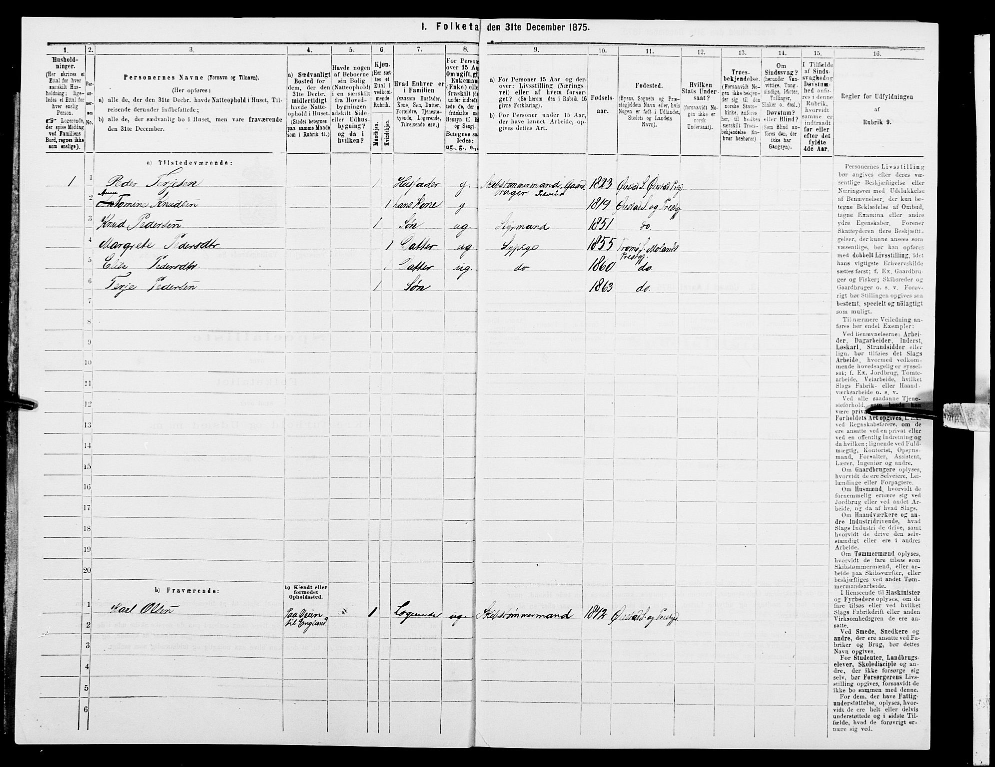 SAK, 1875 census for 0920P Øyestad, 1875, p. 696