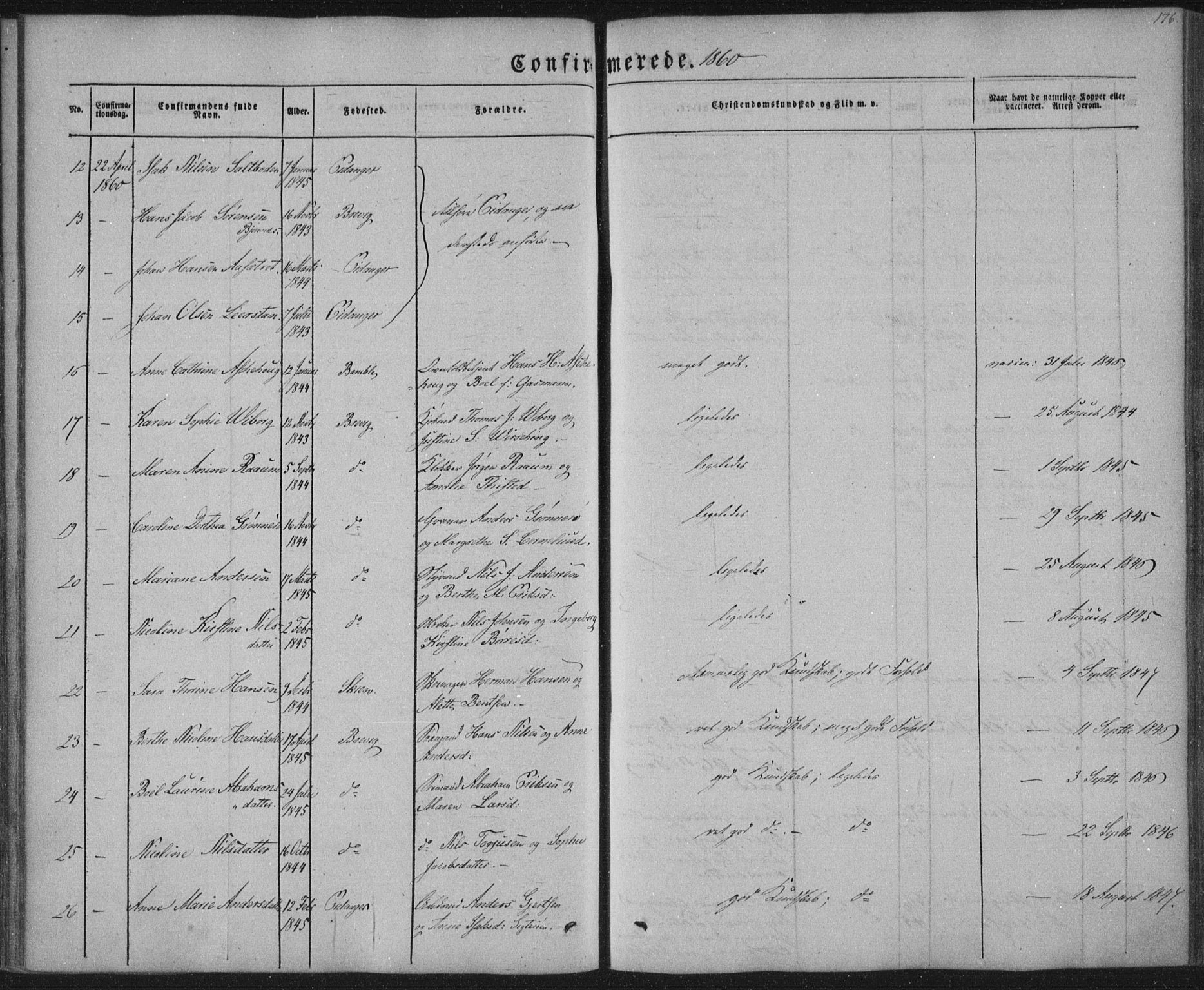 Brevik kirkebøker, AV/SAKO-A-255/F/Fa/L0005: Parish register (official) no. 5, 1847-1865, p. 176