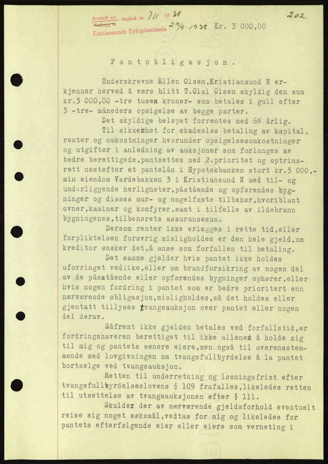 Kristiansund byfogd, SAT/A-4587/A/27: Mortgage book no. 31, 1938-1939, Diary no: : 711/1938