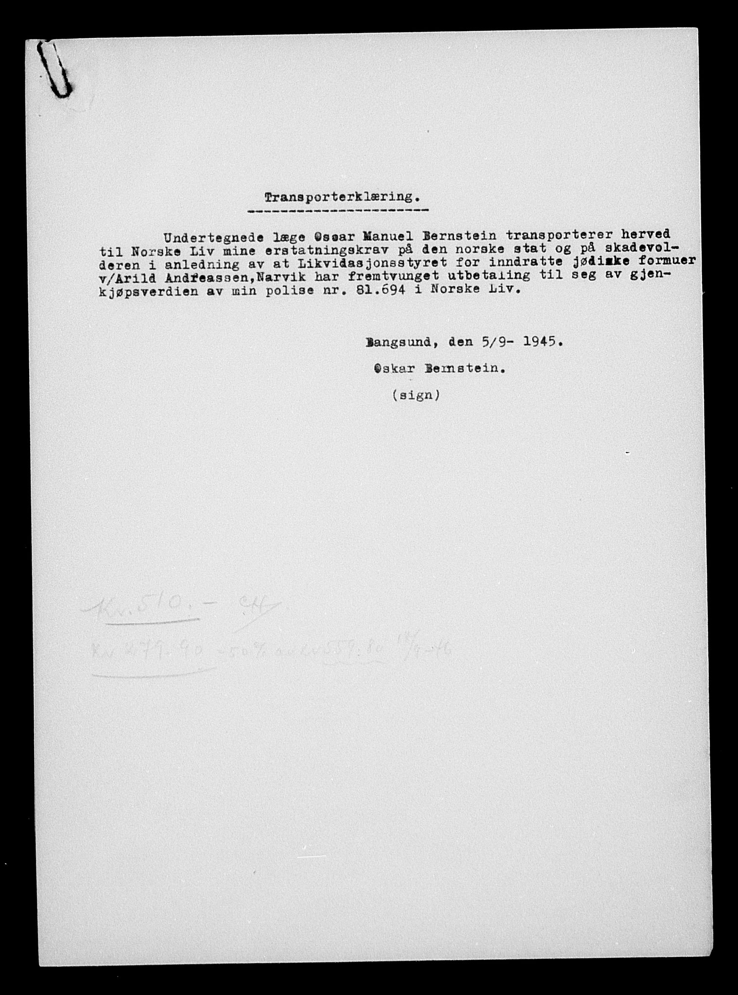 Justisdepartementet, Tilbakeføringskontoret for inndratte formuer, AV/RA-S-1564/H/Hc/Hcb/L0910: --, 1945-1947, p. 238