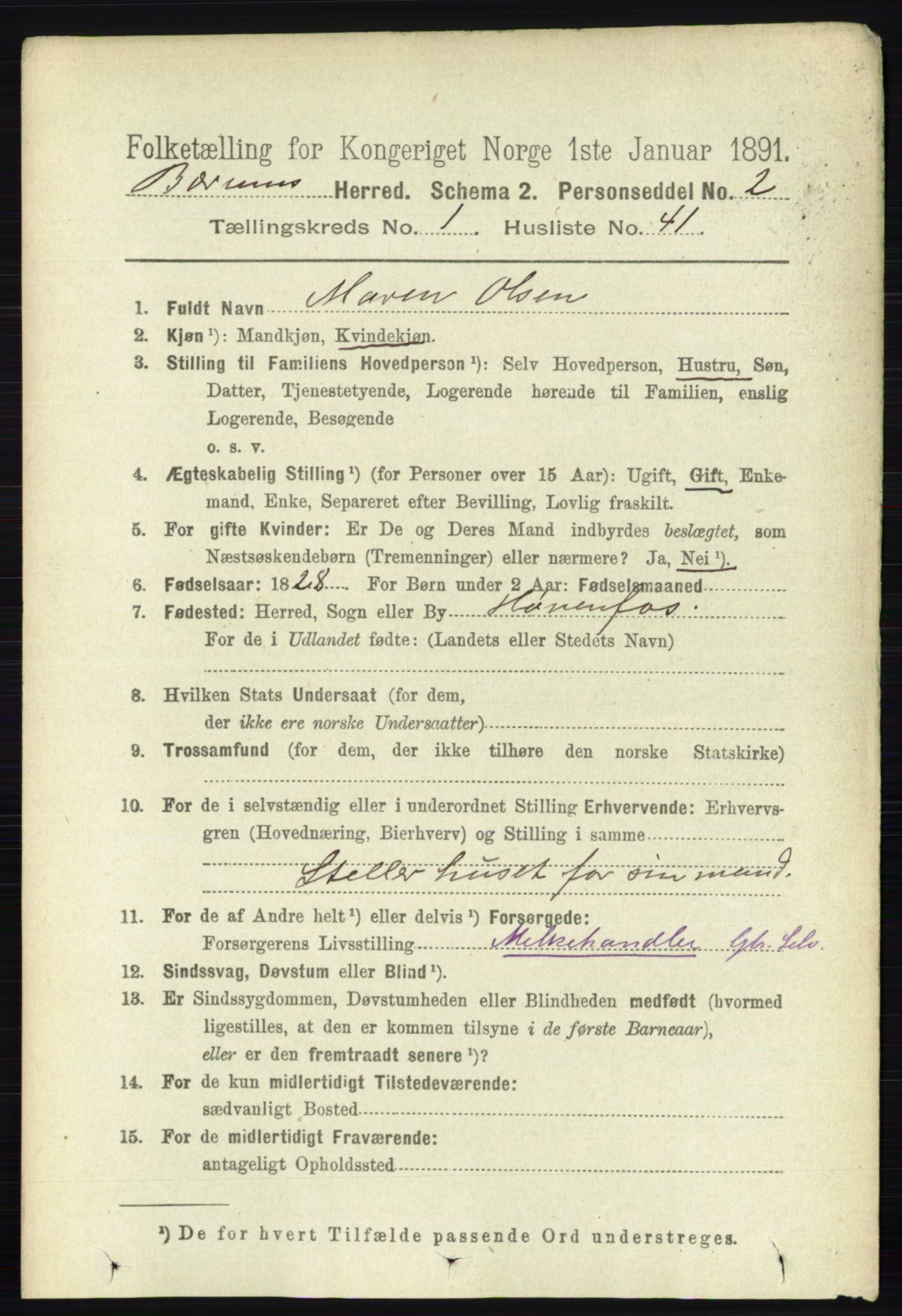 RA, 1891 census for 0219 Bærum, 1891, p. 518